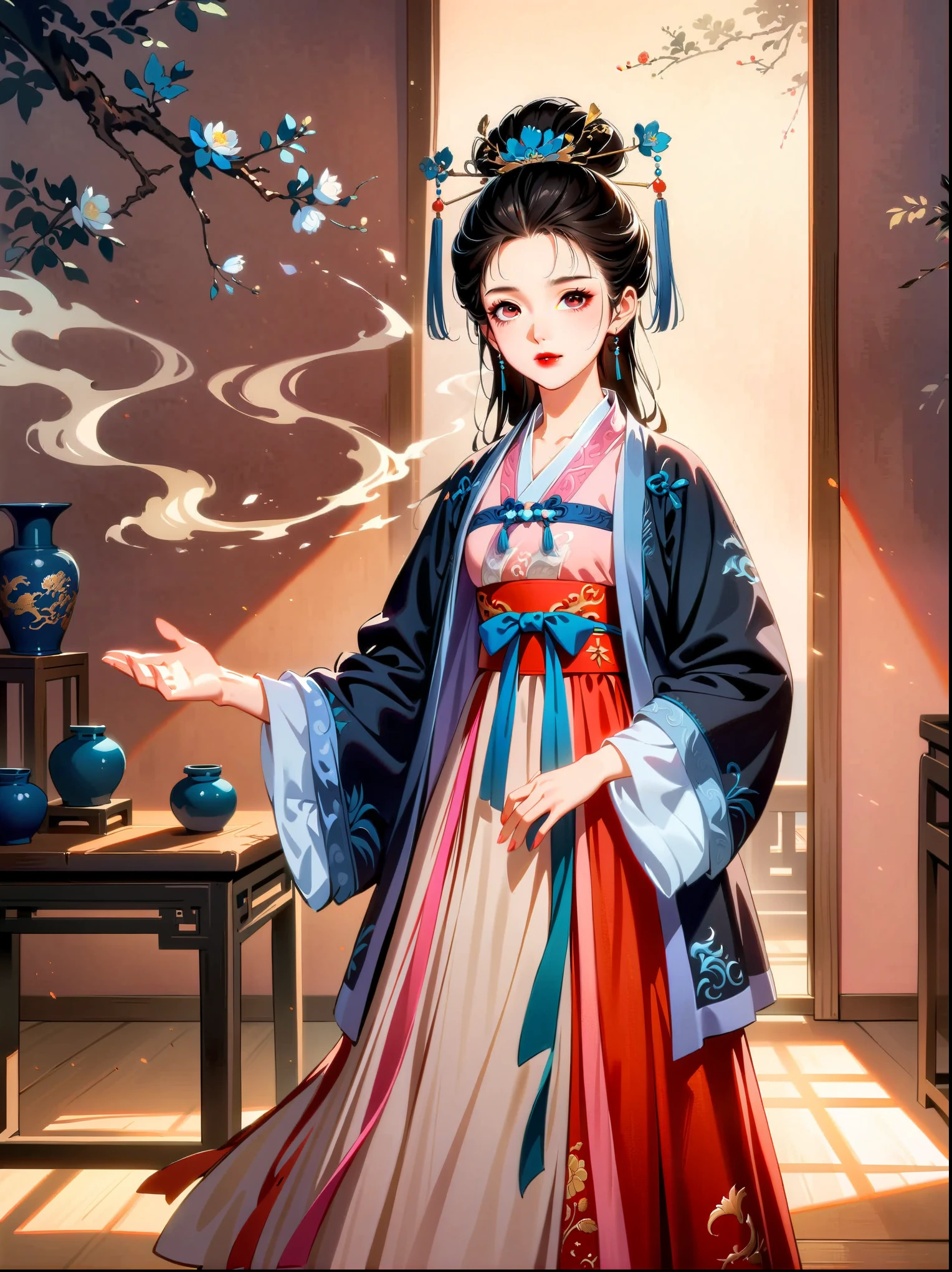 (cowboy shot:1.5), 1girl, Exquisite facial features, perfect face, pink eye shadow, red lips, stability, calmness, martial arts, Ming Dynasty Hanfu costume, (smoke: 1.2), (backlight: 1.2), (cinematic lighting, ray tracing, best quality, masterpiece , official art, extremely detailed cg unity 8k wallpaper, highly detailed, ridiculous, studio lighting, studio, high resolution)