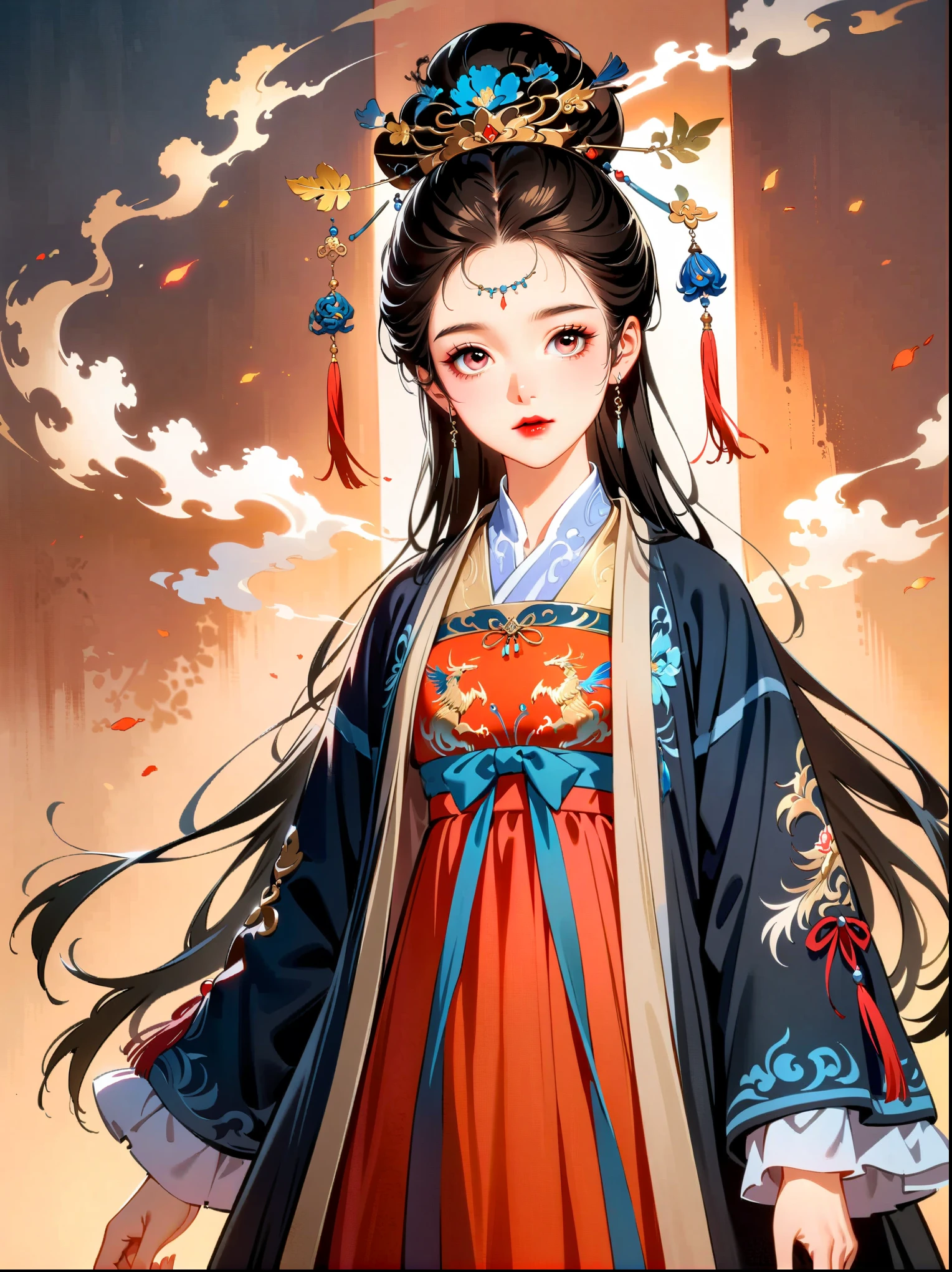 (cowboy shot:1.5), 1girl, Exquisite facial features, perfect face, pink eye shadow, red lips, stability, calmness, martial arts, Ming Dynasty Hanfu costume, (smoke: 1.2), (backlight: 1.2), (cinematic lighting, ray tracing, best quality, masterpiece , official art, extremely detailed cg unity 8k wallpaper, highly detailed, ridiculous, studio lighting, studio, high resolution)