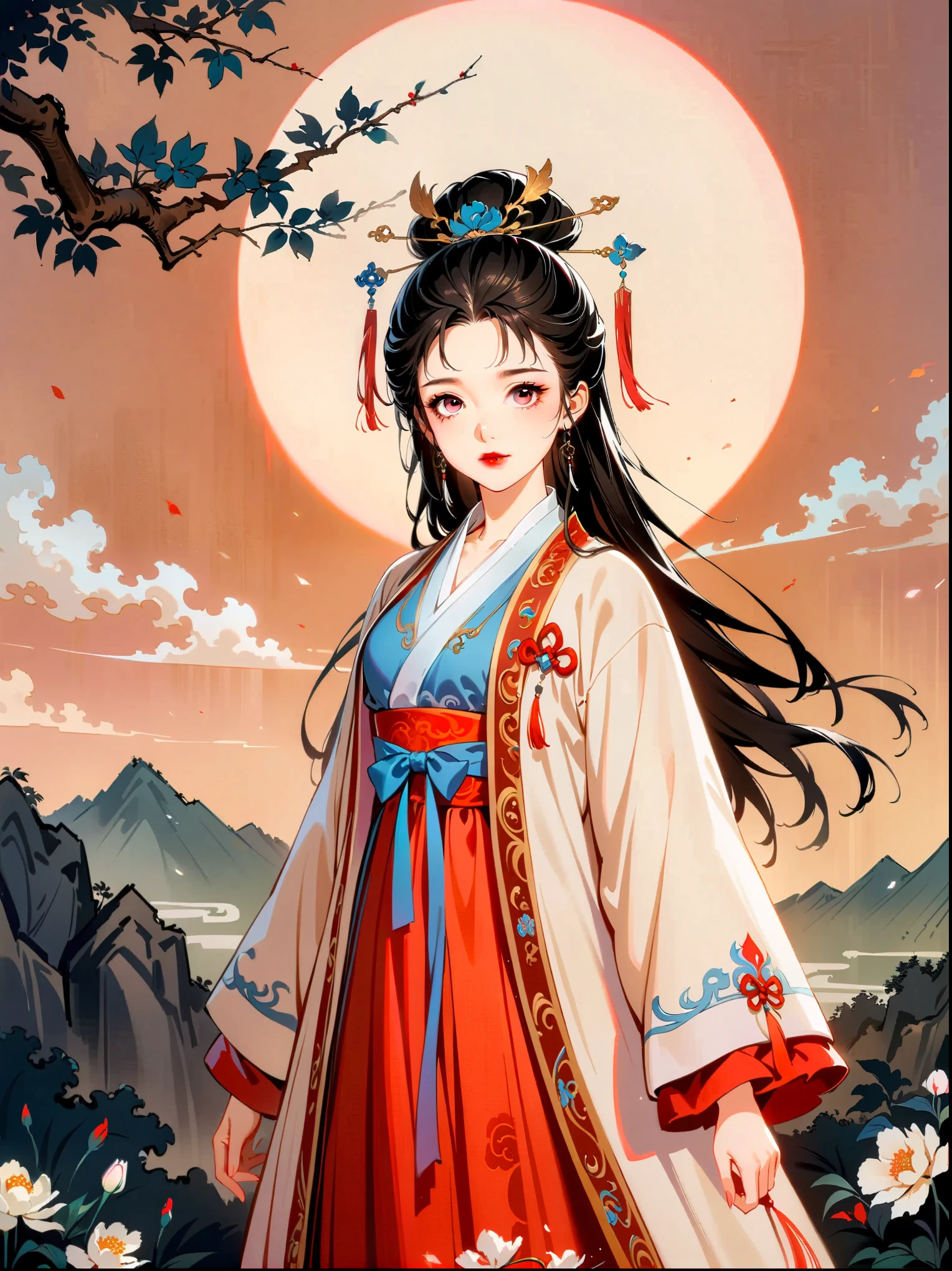 (cowboy shot:1.5)，1girl，Exquisite facial features，perfect face，Pink Eye Shadow，red lips，stable，calm，martial arts，Ming Dynasty Hanfu Clothing，(smoke:1.2)，(Glowing behind:1.2)，(film lighting，Ray tracing，best quality，masterpiece，official art，Extremely detailed CG unified 8K wallpaper，Highly detailed，absurd，studio灯光，studio，high resolution)