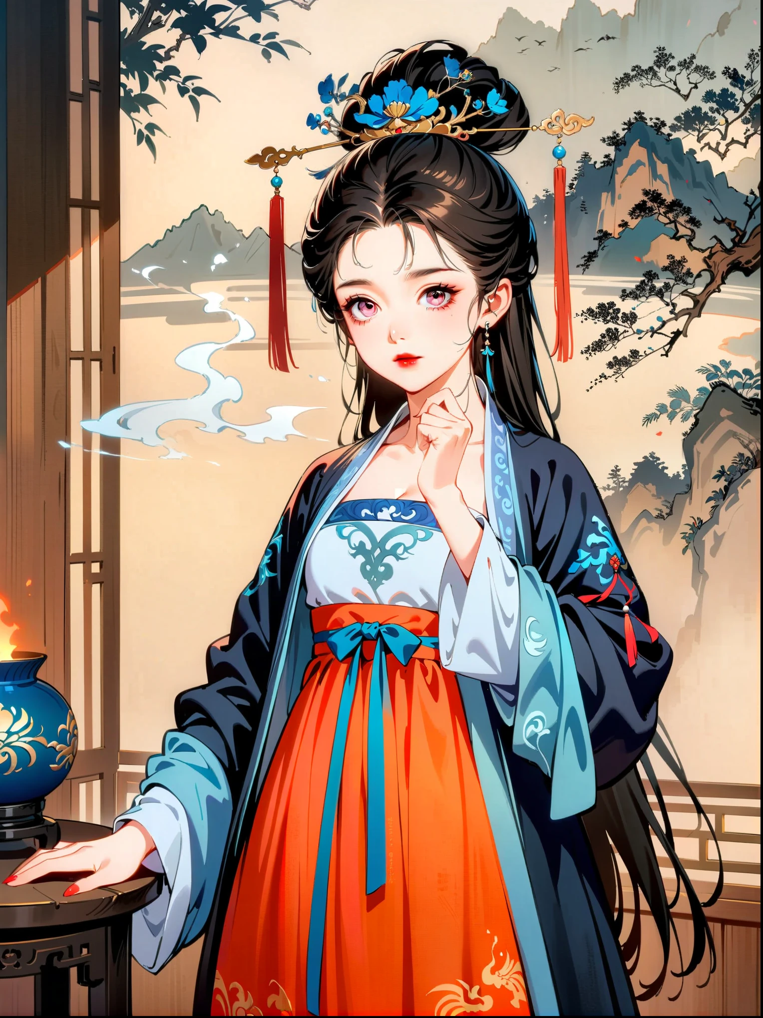 (cowboy shot:1.5)，1girl，Exquisite facial features，perfect face，Pink Eye Shadow，red lips，stable，calm，martial arts，Ming Dynasty Hanfu Clothing，(smoke:1.2)，(Glowing behind:1.2)，(film lighting，Ray tracing，best quality，masterpiece，official art，Extremely detailed CG unified 8K wallpaper，Highly detailed，absurd，studio灯光，studio，high resolution)