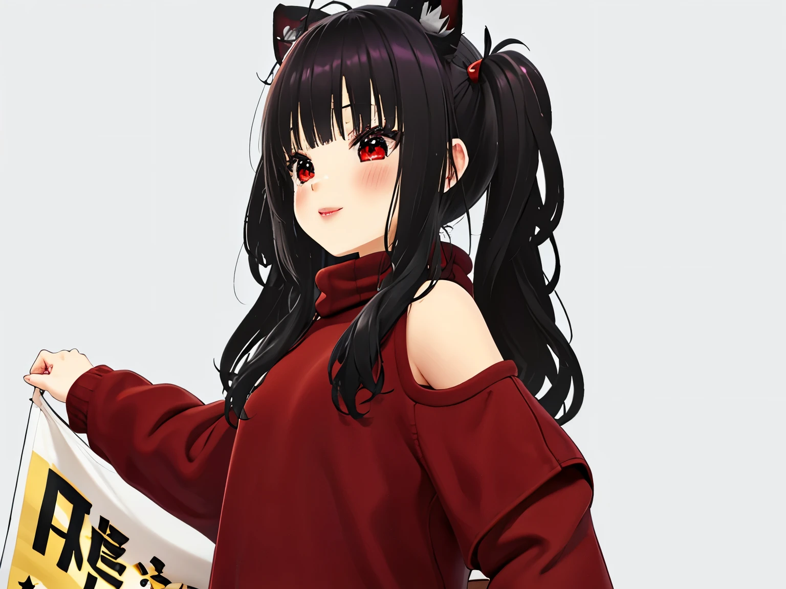 obra maestra,of the highest quality,high resolution ,1 chica,rapid eye movement, re cero, ,((long hair slightly wavy slightly past the shoulders, black bangs, small black pigtails on the sides, cute cat ears, beautiful thin red eyes)),,pechos grandes,piel blanca,((sweater, transparente)),((raya)),((sweaterのみ)),sonrisa, orejas de animales, Chemomimi, felicidad, hombros descubiertos,magnificent々nuevo,lindo, (((holding a white blanket (banner) stretched from side to side)))