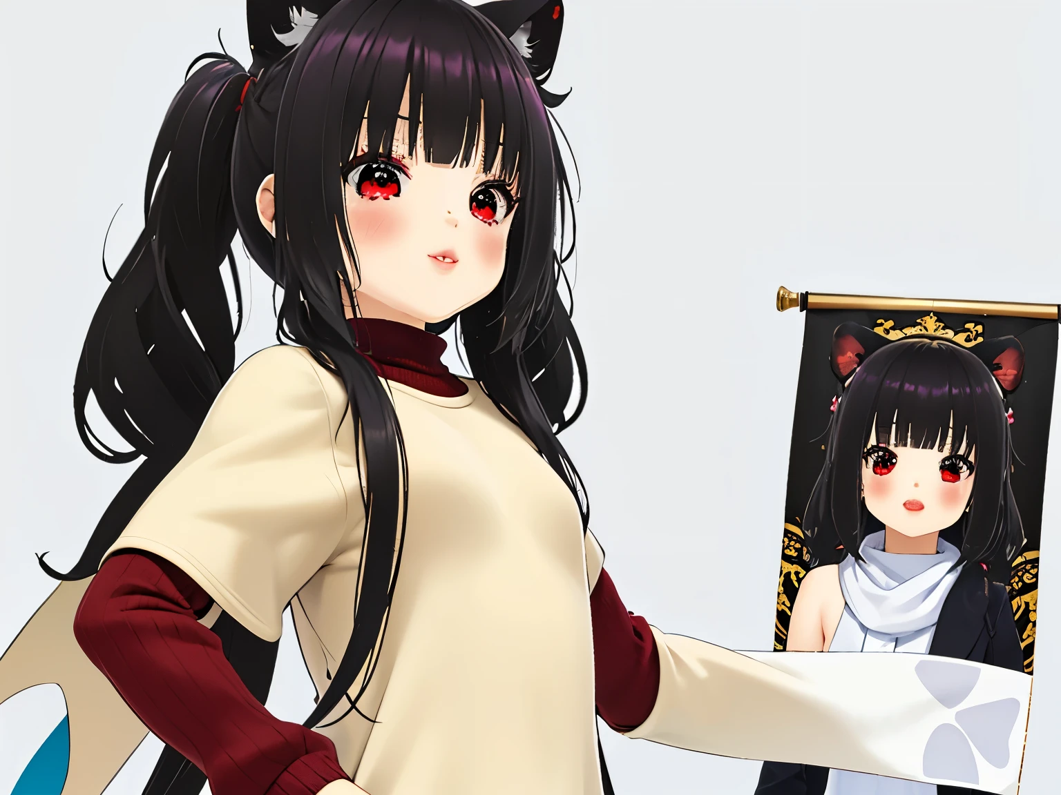 obra maestra,of the highest quality,high resolution ,1 chica,rapid eye movement, re cero, ,((long hair slightly wavy slightly past the shoulders, black bangs, small black pigtails on the sides, cute cat ears, beautiful thin red eyes)),,pechos grandes,piel blanca,((sweater, transparente)),((raya)),((sweaterのみ)),sonrisa, orejas de animales, Chemomimi, felicidad, hombros descubiertos,magnificent々nuevo,lindo, (((holding a white blanket (banner) stretched from side to side)))