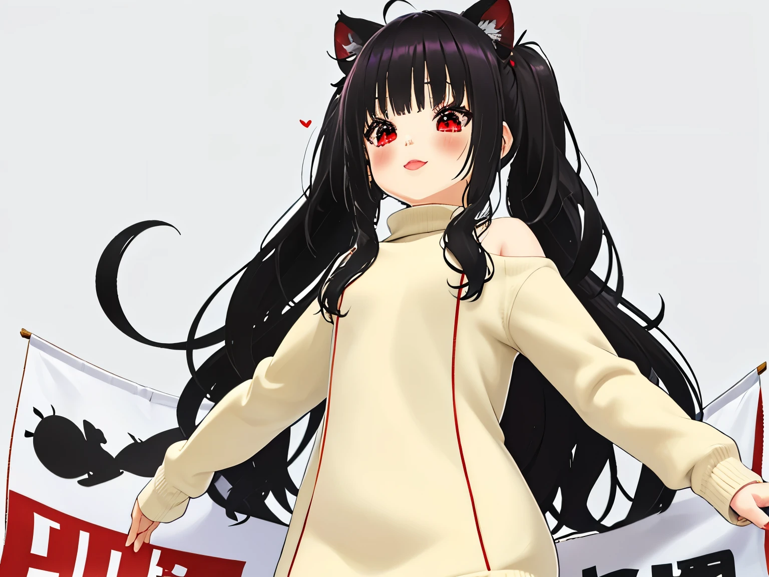 obra maestra,of the highest quality,high resolution ,1 chica,rapid eye movement, re cero, ,((long hair slightly wavy slightly past the shoulders, black bangs, small black pigtails on the sides, cute cat ears, beautiful thin red eyes)),,pechos grandes,piel blanca,((sweater, transparente)),((raya)),((sweaterのみ)),sonrisa, orejas de animales, Chemomimi, felicidad, hombros descubiertos,magnificent々nuevo,lindo, (((holding a white blanket (banner) stretched from side to side)))