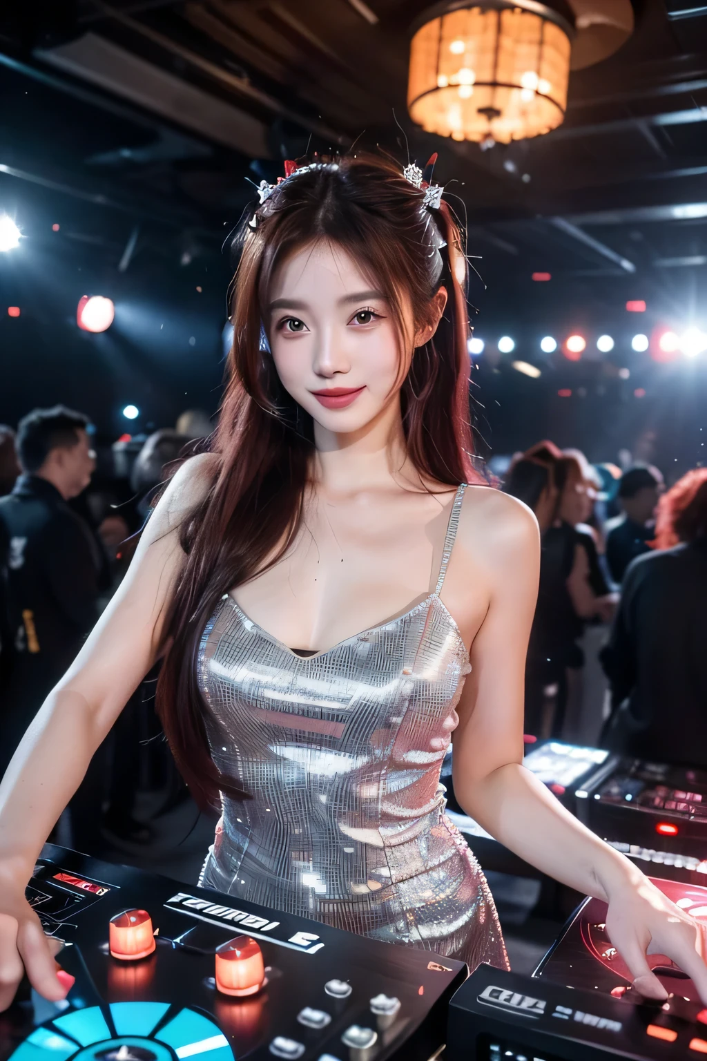 (beautiful girl, full body, DJ, red long pigtail hair, silver gown, headphones, water gun, smile, night club),(best quality,4k,8k,highres,masterpiece:1.2),ultra-detailed,(realistic,photorealistic,photo-realistic:1.37),vivid colors,bokeh,portrait,nightlife,techno,party,laser lights,dance floor,energy,excitement,atmosphere,beats,music enthusiasts,glowing venue,dynamic atmosphere,DJ booth,turntables,bustling crowd,enjoying themselves,A girl spinning records,dancing,confident,euphoria,amazing evening,thrilling experience,uplifting vibe,party-goers,tight-knit community