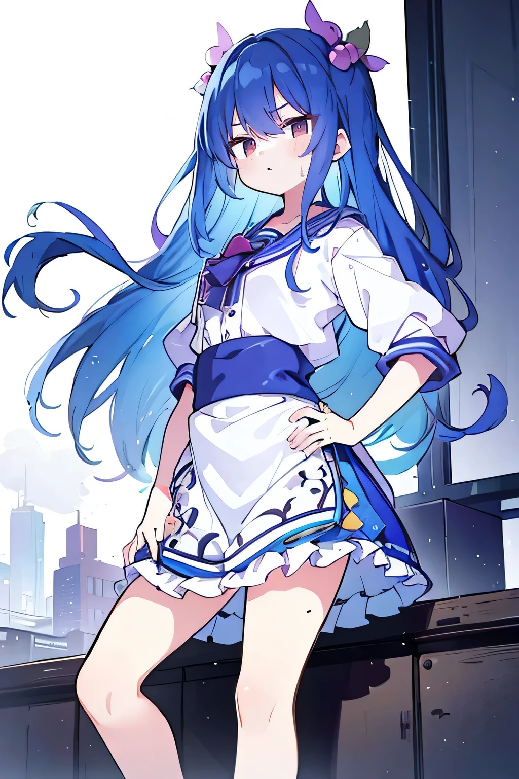 (masterpiece),best quality, expressive eyes, perfect face, 1girl,
Put your hands on your waist,fair, Gorgeous,Japanese cartoons,girl,lola,Hina Angel, blue hair, blue haired, floating clothes,Grab your waist, Grab your waist, hands on hips , hands on hips,sit, sit on ground, Legs on the ground, flat chest,purple eyes,