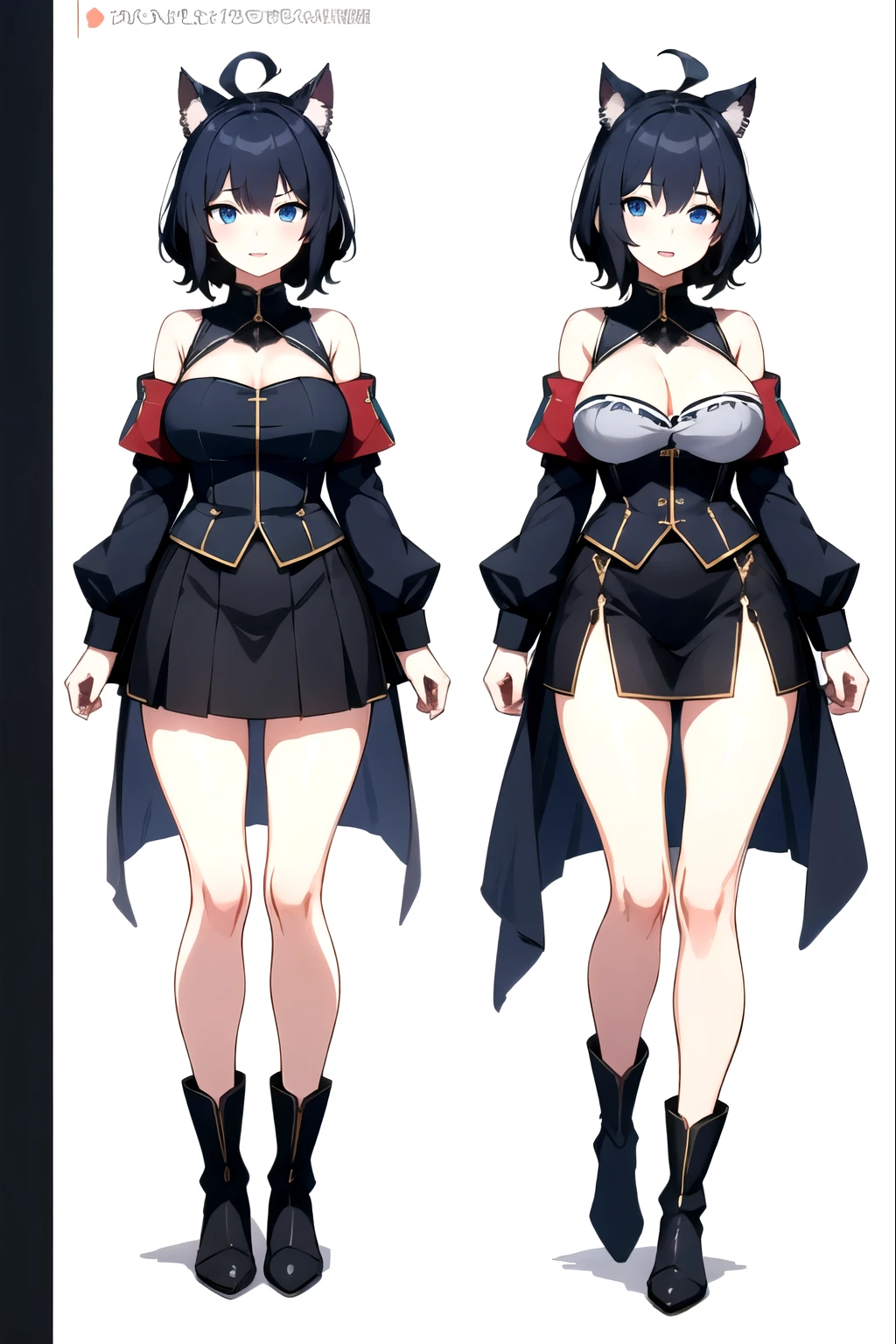 ((upright)), ((arm at side)), looking at the viewer, simple background、white background, 1 girl, open your mouth, smile, Virtual YouTuber、with a girl、((highest quality, expensive_solve, clear_image)),(black hair), (black cat ears), (Ahoge), (ridiculously short hair), (wavy hair), (blue eyes),、laughter、very big breasts、whole body、Draw to the toes、I put boots on my feet、cleavage visible、dressed in military uniform、Reference sheet、((show viewer))。skirt with slit、