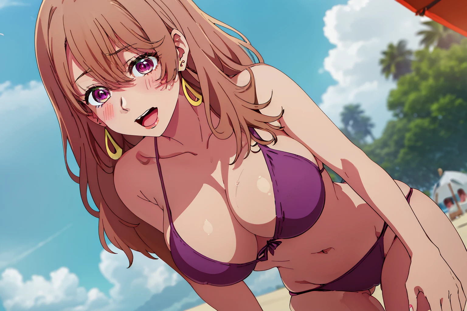 1girl,(saitou_miyako_oshinoko,brown_hair, bangs, long_hair, earrings, jewelry, hair_between_eyes, open mouth, purple_eyes),best image quality, highest quality, perfect anatomy, High resolution, Super detailed, 8k wallpaper, textured, detailed, Individuality,(bikini:1.3),(blush),(gigantic breasts:1.2),mature female,(beach:1.5),cowboy shot,leaning forward,happy smile