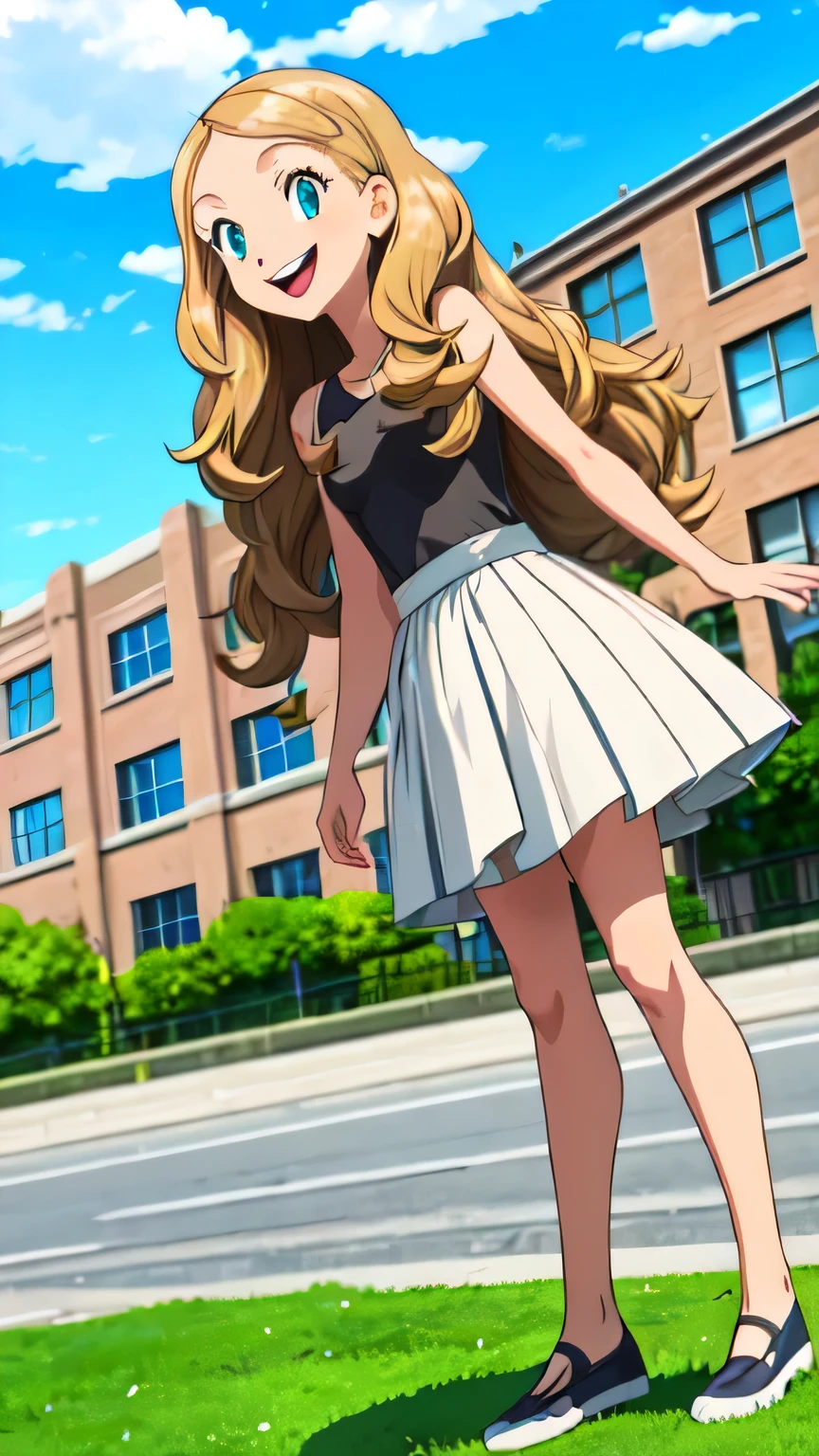 Blonde long hair girl standing on green grass in park with blue sky and buildings in the background.High angle camera.Nice smile on her face.
