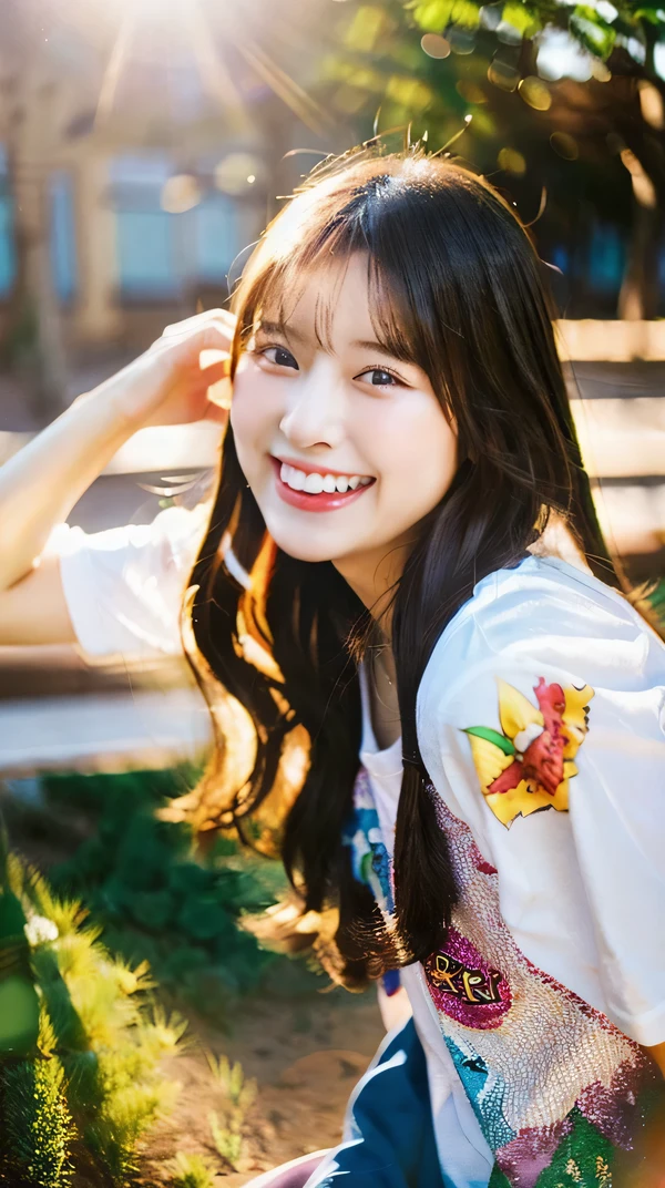 (8K, highest quality, masterpiece: 1.2), Super detailed, super resolution, a beautiful girl, with snacks, (huge Laughing:1.1),  sun glare, blurry background,