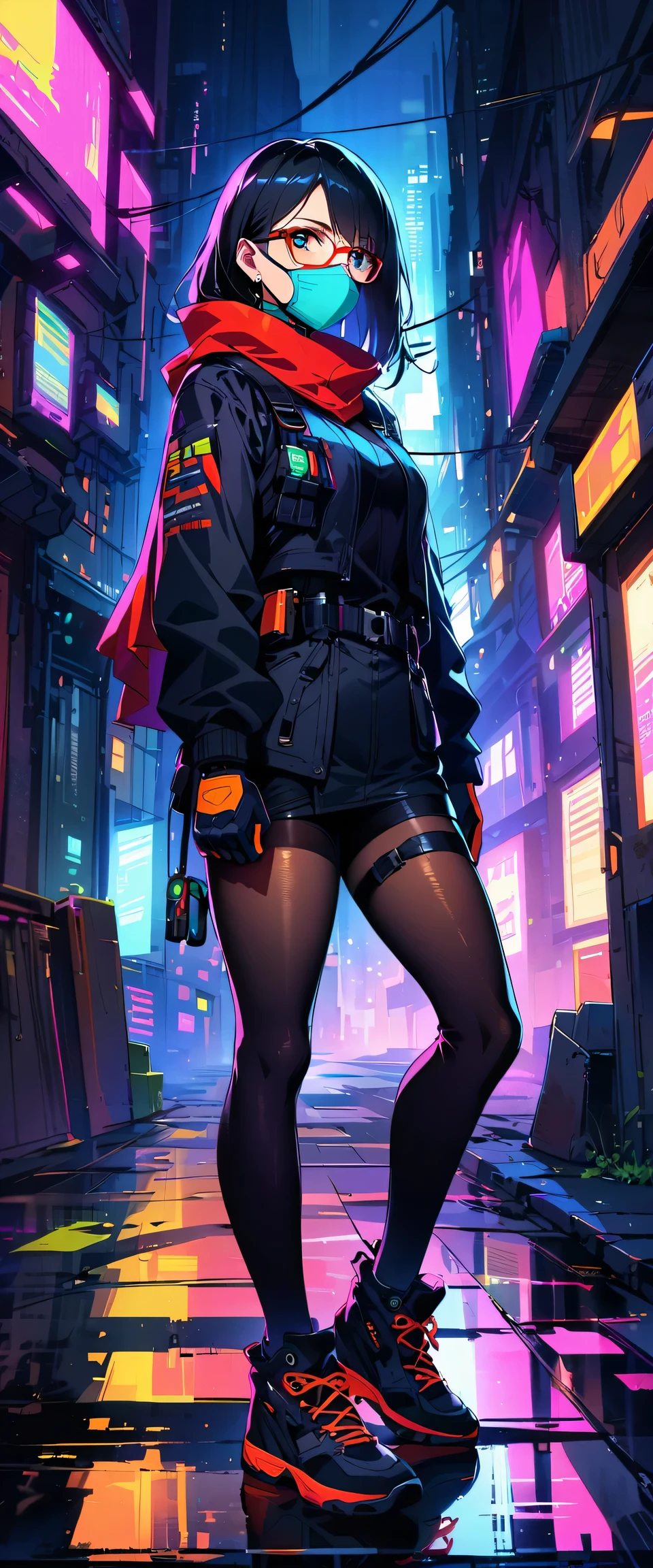 （best quality），Cyberpunk female ninja，(face mask)，Stylish details clothing，beautiful detailed face，(Glasses)，stylish shoes，Neon-lit cityscape，dystopian metropolis，Holographic projection，Invisible City，High-tech weapons，futuristic gadgets，Stylish cybernetic enhancements，(Sharp high-tech dagger)，Black leather tights，Hooded tactical cape，night vision control eye，Shadows and reflections，There are tall high-rise buildings，Heavy rain and steamy alley，medium：cartoon，studio lighting，Vibrant colors，Defocused