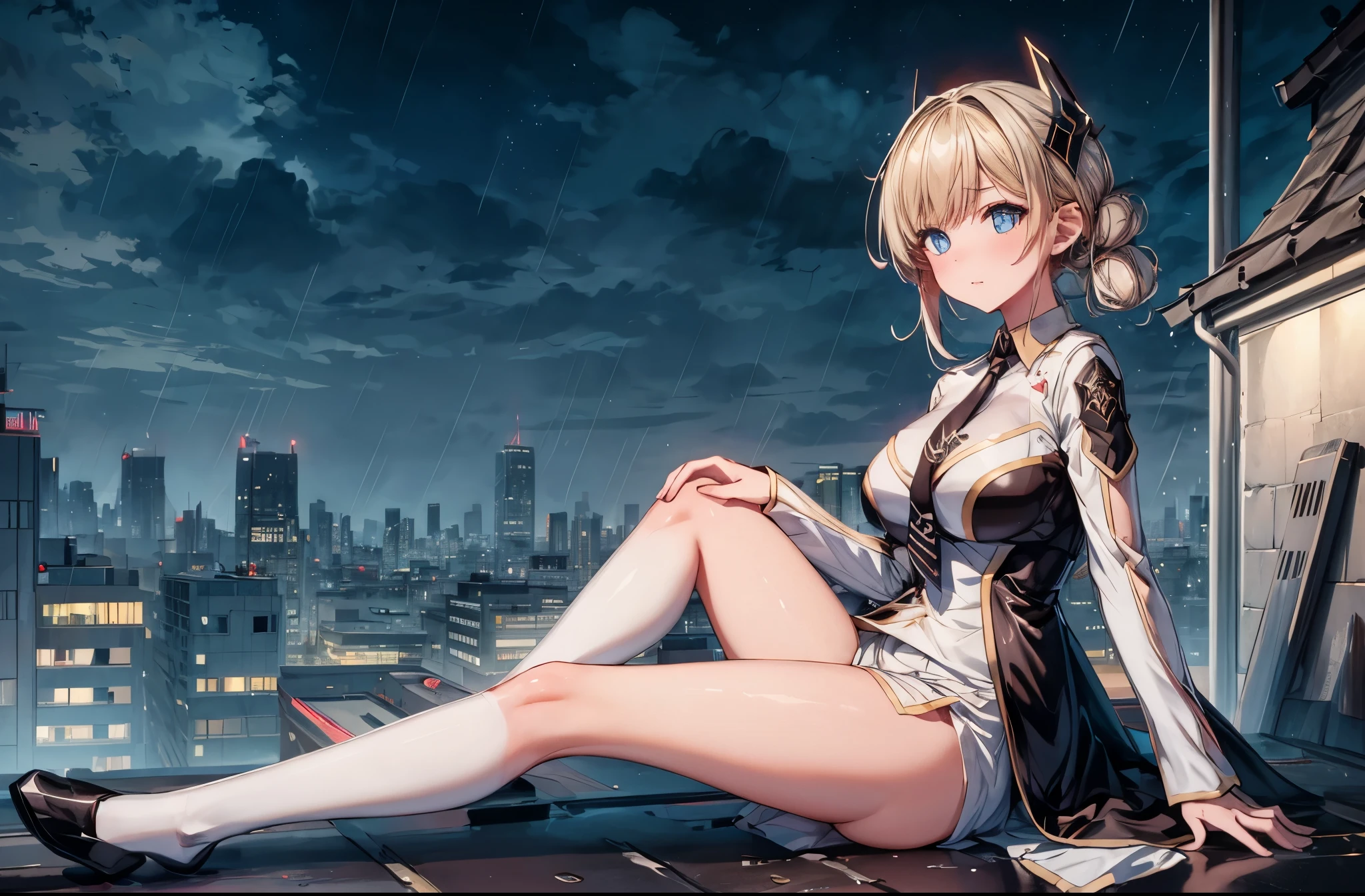 (masterpiece, best quality:1.2), intricate details, 1girl,sky striker ace raye,cityscape ,blue eyes,long Blond hair, black headdress.Dark brown tie, on the rooft of a building,raining,stars,night,narrow bust,frontal view,(mature female:1.2),huge breasts:1.6,thin body,close up,