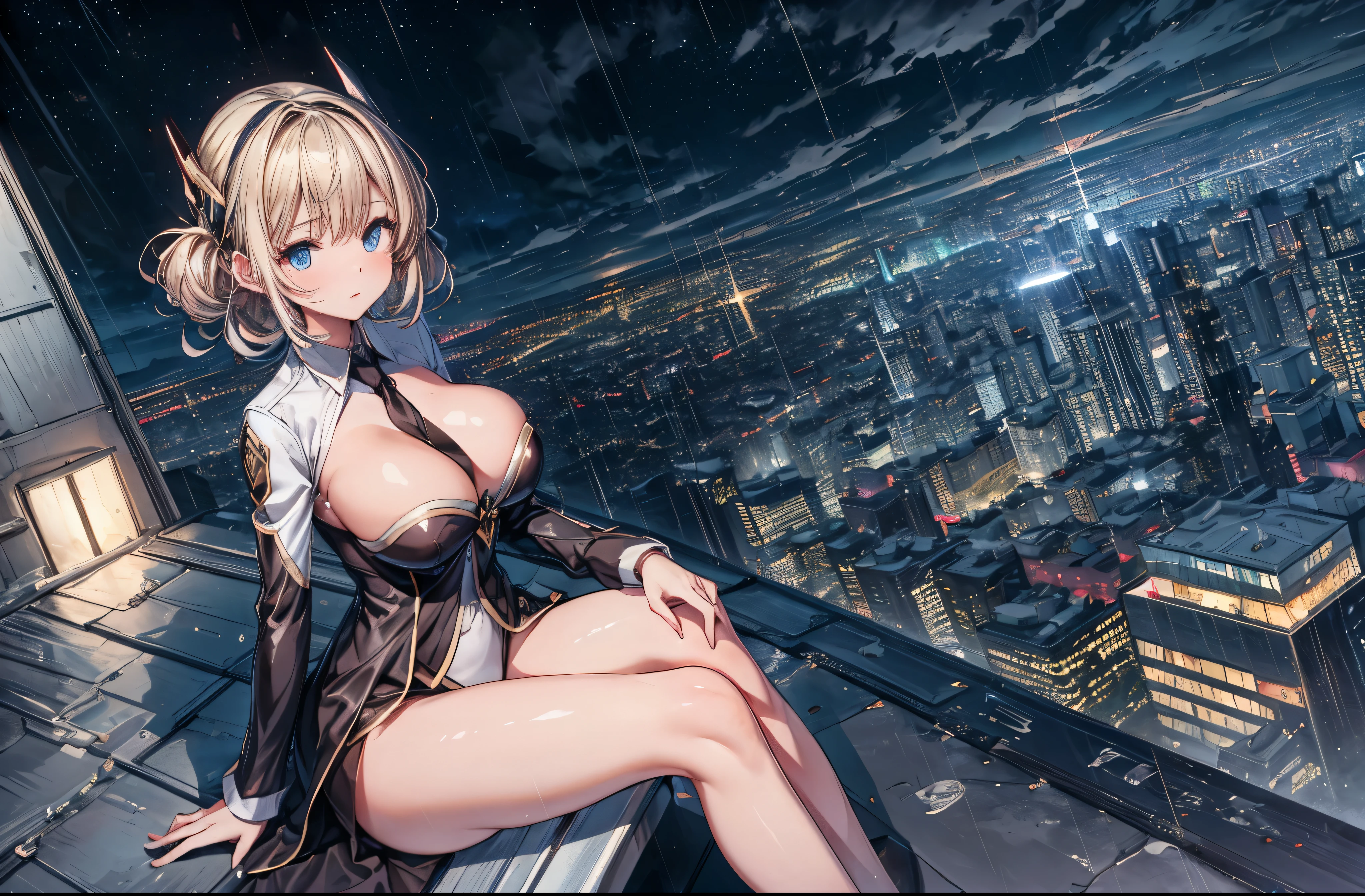 (masterpiece, best quality:1.2), intricate details, 1girl,sky striker ace raye,cityscape ,blue eyes,long Blond hair, black headdress.Dark brown tie, on the rooft of a building,raining,stars,night,narrow bust,frontal view,(mature female:1.2),huge breasts:1.6,thin body,close up,