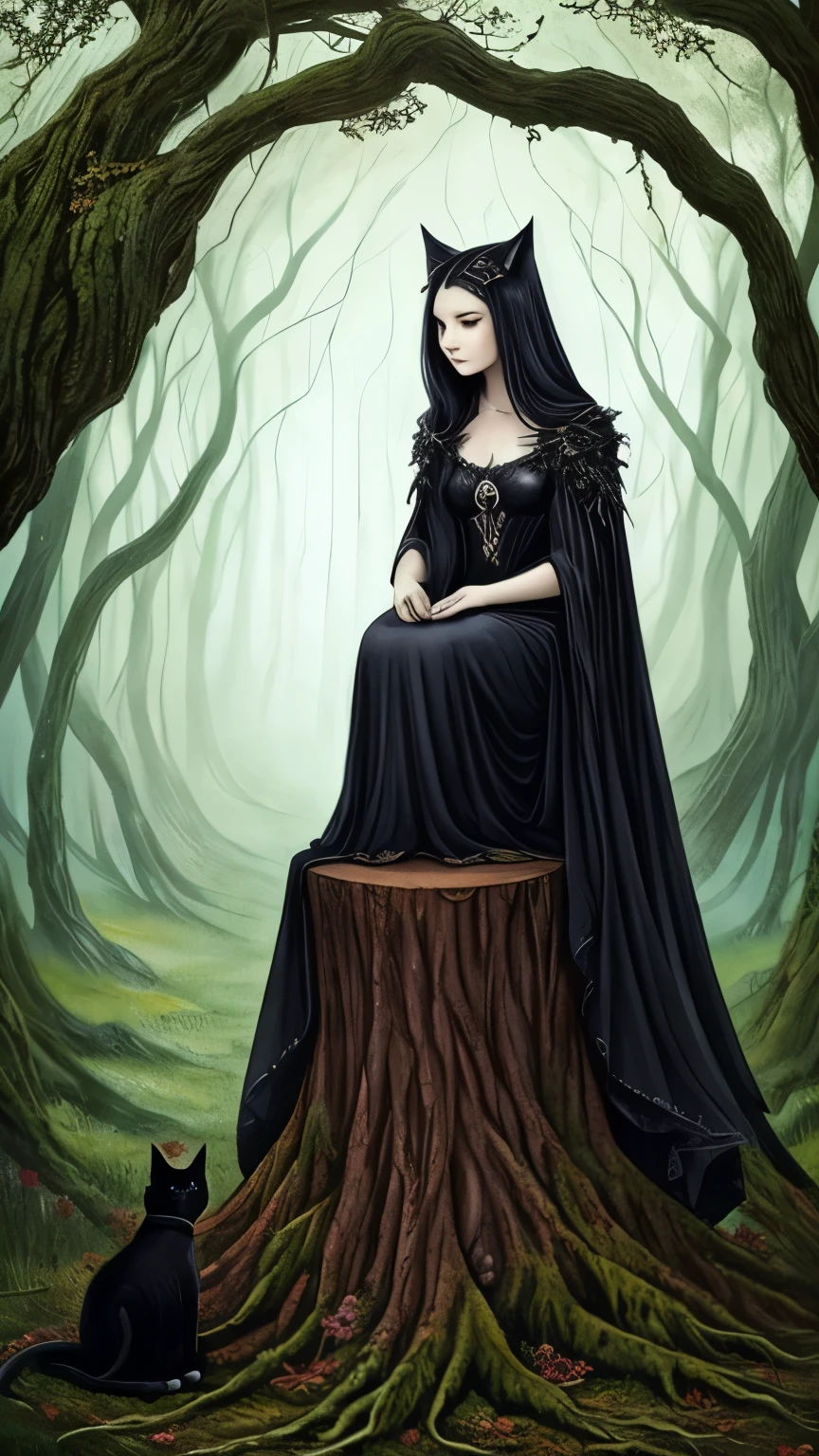 a painting of a woman sitting on a tree with a cat, in style of dark fantasy art, fantasy dark art, dark fantasy art, dark fantasy style art, eerie art style, witchy, beautiful depiction, witch fairytale, dark fantasy illustration, by Yang J, beautiful with eerie vibes, hecate goddess, hecate, hauntingly beautiful art, dark witch