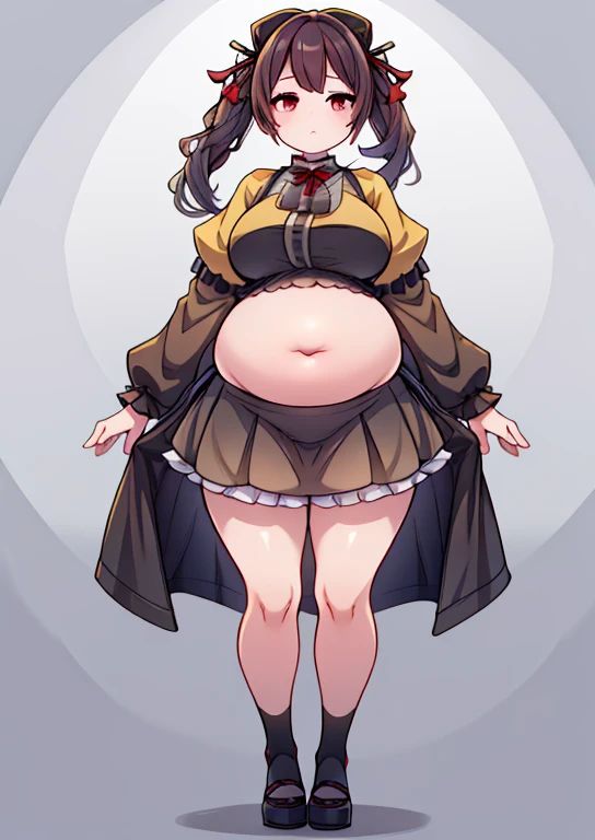 (masterpiece, best quality, highly detailed), 1girls, big belly, blurry background, huge belly, art by kipteitei, round belly, chubby, curvy, simple_background, gradient_background, belly grab, enormous belly, fat belly, thicc, bigger belly, really big belly, jiggly belly, shirt covering belly, belly cover by shirt, glasses, ((****ta)), ((full body)), long hair