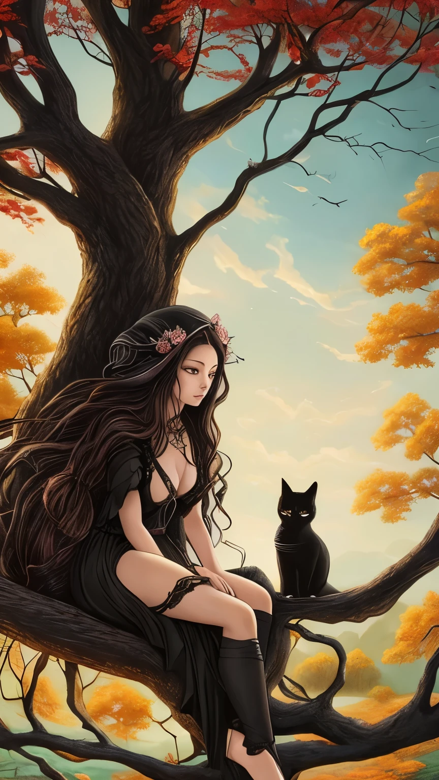 a painting of a woman sitting on a tree with a cat, a pastel by Yang J, tumblr, fantasy art, in style of dark fantasy art, fantasy dark art, dark fantasy art, dark fantasy style art, eerie art style, witchy, beautiful depiction, witch fairytale, dark fantasy illustration, beautiful with eerie vibes, hecate goddess, hecate