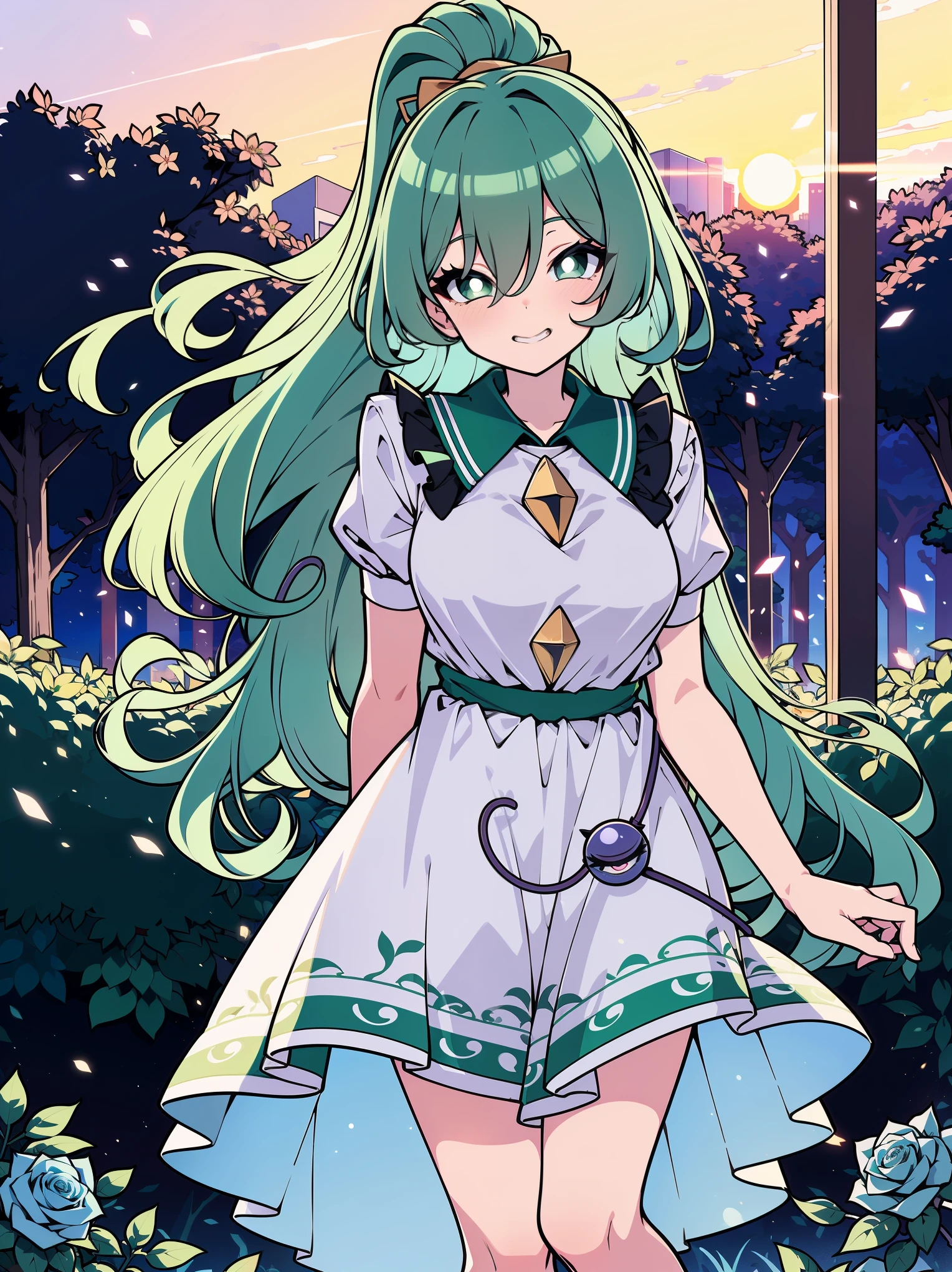 (colorful:1.1), glowing, (ultra-high resolution, depth of field:1.2), looking at viewer, (komeiji koishi:1.1), (1woman), adult, Touhou project, (medium breasts), (dark green eyes), white pupils, glowing eyes, green hair, wavy hair, (long hair), ponytail, (wearing a white summer dress:1.2). A closed blue-purplish "third eye" is positioned over her heart, with cords wrapped around her torso and attached to each of her ankles, (blue roses in the background), garden scenery, (sunset), grinning, (squinting eyes)