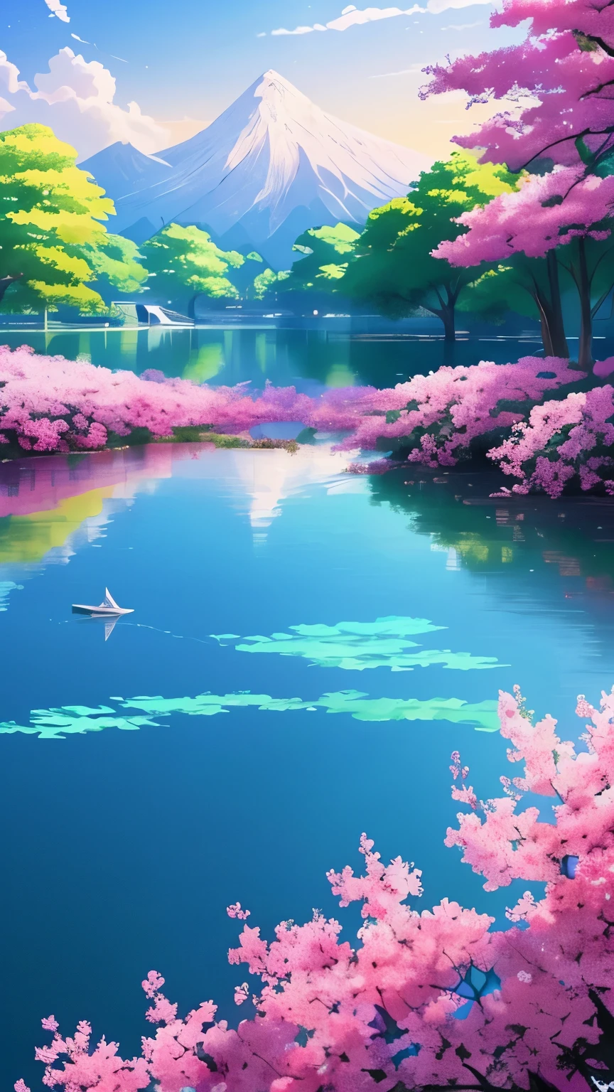 anime scenery of a lake with flowers and trees in the background, concept art by Makoto Shinkai, trending on cgsociety, conceptual art, beautiful anime scene, ross tran. scenic background, anime beautiful peace scene, beautiful anime scenery, 🌺 cgsociety, anime nature wallpap, cosmic skies. by makoto shinkai, anime scenery