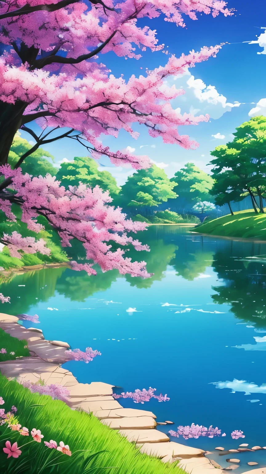 anime scenery of a lake with flowers and trees in the background, beautiful anime scene, ross tran. scenic background, anime beautiful peace scene, beautiful anime scenery, 🌺 cgsociety, anime nature wallpap, cosmic skies. by makoto shinkai, anime scenery, makoto shinkai. high detail, anime. by makoto shinkai, beautiful dreamy breathtaking