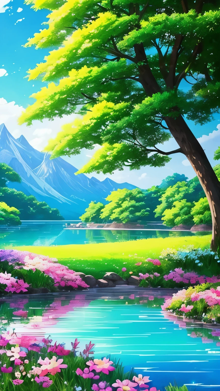 anime scenery of a lake with flowers and trees in the background, beautiful anime scene, ross tran. scenic background, anime beautiful peace scene, beautiful anime scenery, 🌺 cgsociety, anime nature wallpap, cosmic skies. by makoto shinkai, anime scenery, makoto shinkai. high detail, anime. by makoto shinkai, beautiful dreamy breathtaking