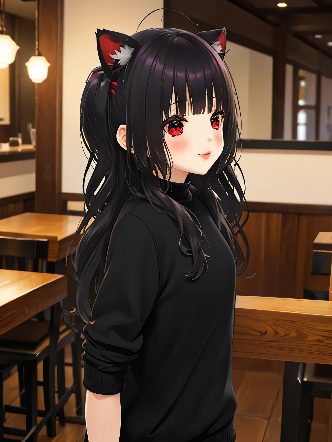 obra maestra,of the highest quality,high resolution ,1 chica,rapid eye movement, re cero, ,((long hair slightly wavy slightly past the shoulders, black bangs, small black pigtails on the sides, cute cat ears, beautiful thin red eyes)),,pechos grandes,piel blanca,((sweater, transparente)),((raya)),((sweaterのみ)),sonrisa, orejas de animales, Chemomimi, felicidad, hombros descubiertos,magnificent々nuevo,lindo,((brazos cruzados, sentada en una banca, brazos recargados en una mesa de madera, fondo un restaurante, a cup of coffee on the table))