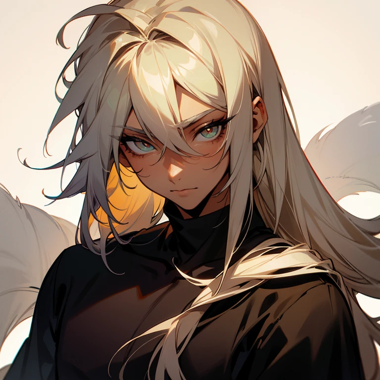 Trans Man with long hair and eyelashes, with an simple hairstyle and casual clothes, with a smooth tan skin with a particular palette of colors on their eyes and hair, a cold look on his face and fox eyes