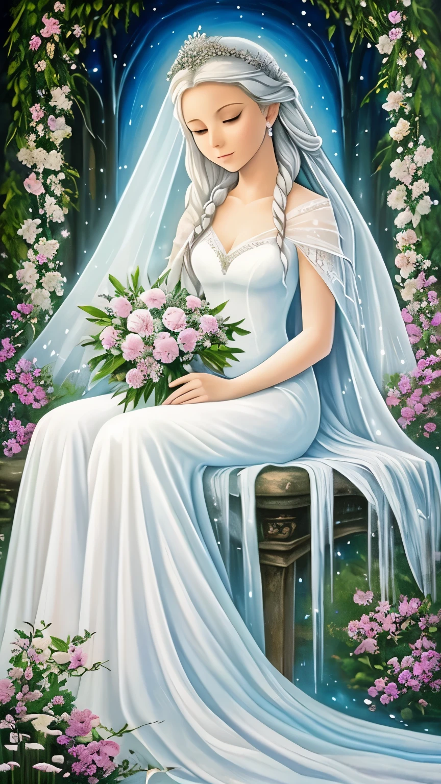 painting of a woman in a white dress sitting on a white rose, an acrylic painting inspired by Nene Thomas, deviantart contest winner, fantasy art, with frozen flowers around her, ethereal beauty, galadriel, beautiful fantasy painting, ethereal fairytale, fantasy oil painting, ethereal!!!!!!!, ethereal!!!, enchanted with nature spirit, ethereal fantasy, white witch