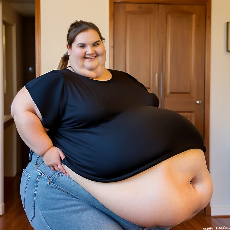 (Cute young ssbbw, long hair in a ponytail), masterpiece, realistic, (gigantic belly:1.3), (cellulite:1.15), standing, tight crop top, overfed, (gorgeous detailed face, proud smirk:1.2), side view, full body