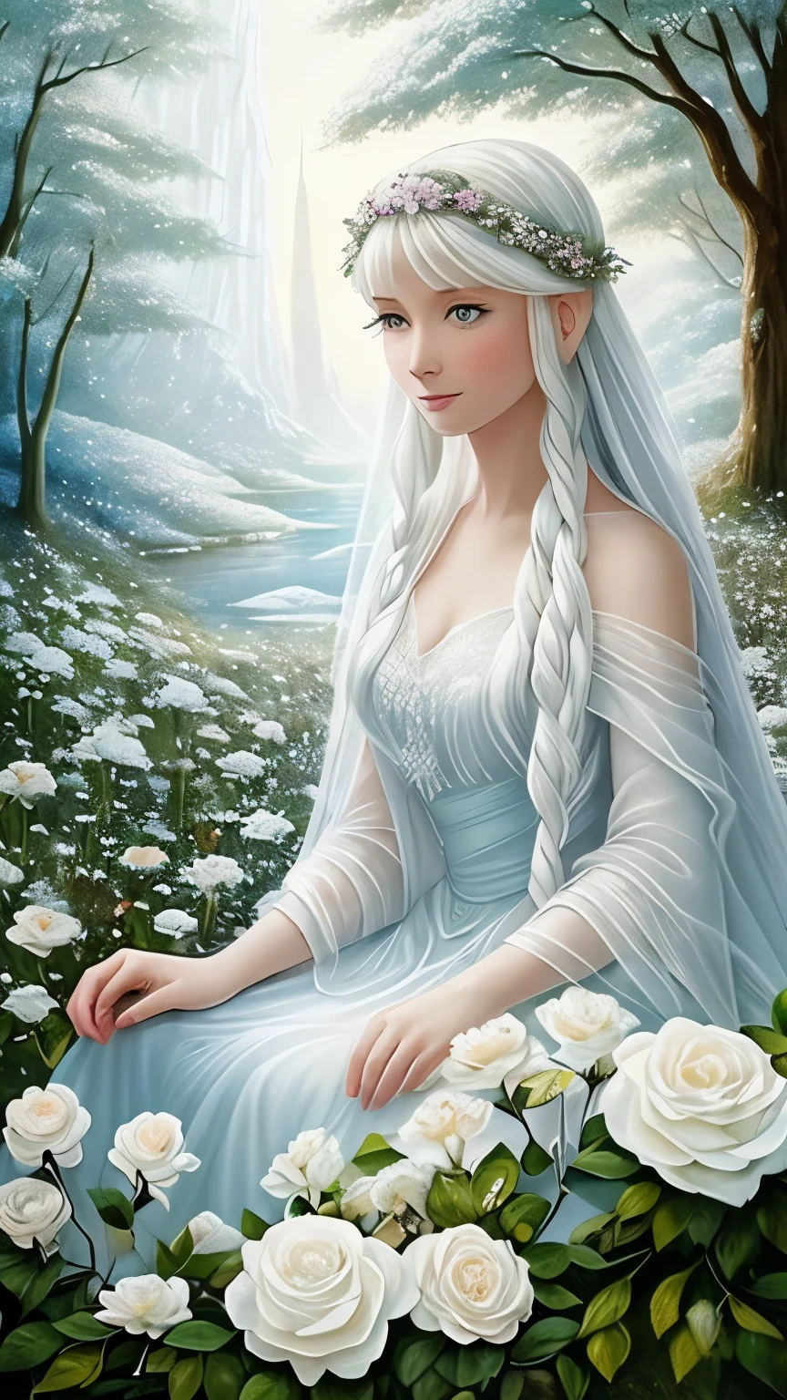 painting of a woman in a white dress sitting on a white rose, with frozen flowers around her, ethereal beauty, galadriel, beautiful fantasy painting, inspired by Nene Thomas, ethereal fairytale, inspired by Edward Robert Hughes, fantasy oil painting, ethereal!!!!!!!, ethereal!!!, enchanted with nature spirit, ethereal fantasy, white witch