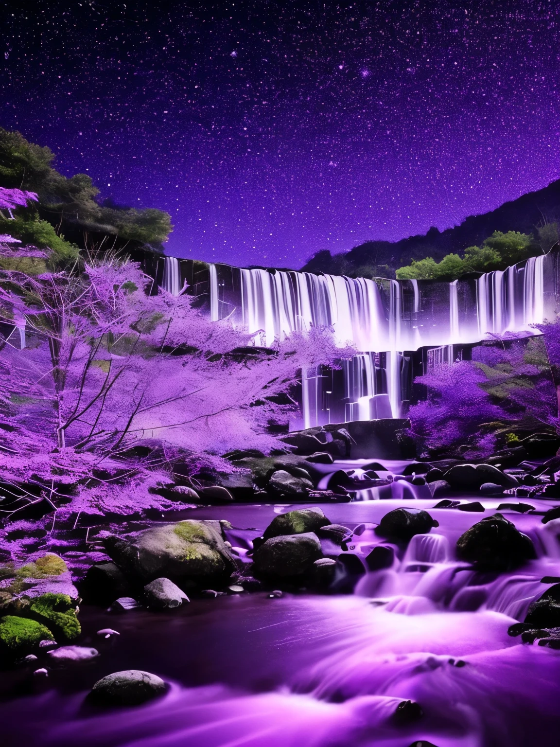 a purple moon over a stream of water with stars, glowing purple, purple glow, purple water, nebula waterfalls, purple magic, galactic waterfalls, cosmic purple space!, purple colors, soft purple glow, purple bioluminescence, purple aura, the walls purple and pulsing, purple light, purple sparkles, moody purple glow light, purple color, glowing water, purple lights