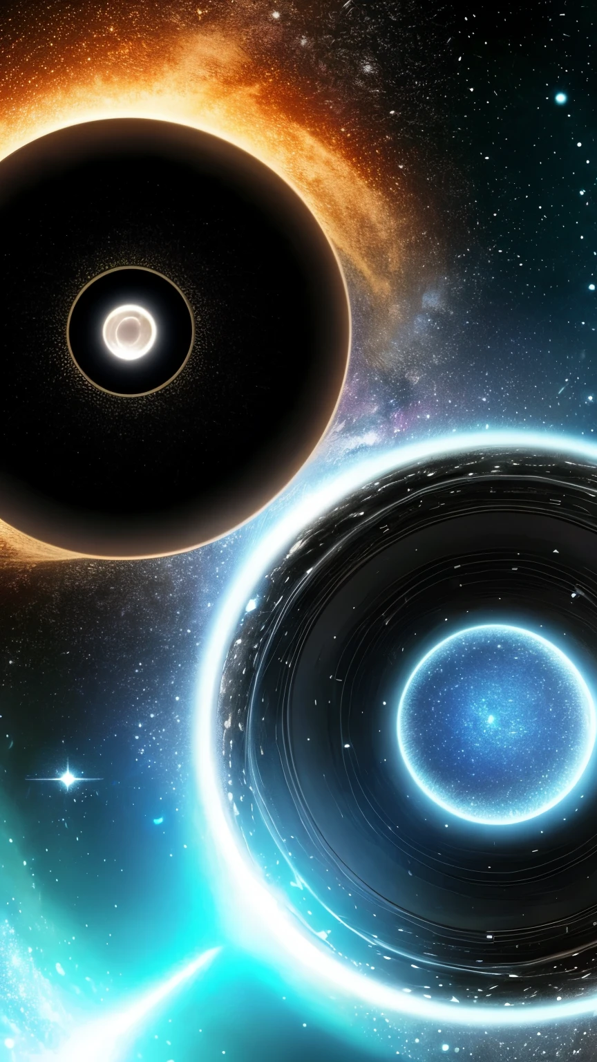 a black hole in the sky with a star in the background, entering a quantum wormhole, open portal to another dimension, cosmic energy wires, ripping the fabric of spacetime, portal to another universe, portal in space, wormholes, time vortex in the background, inside of a black hole, luminous black hole portal, portal to outer space, majestic interstellar portal