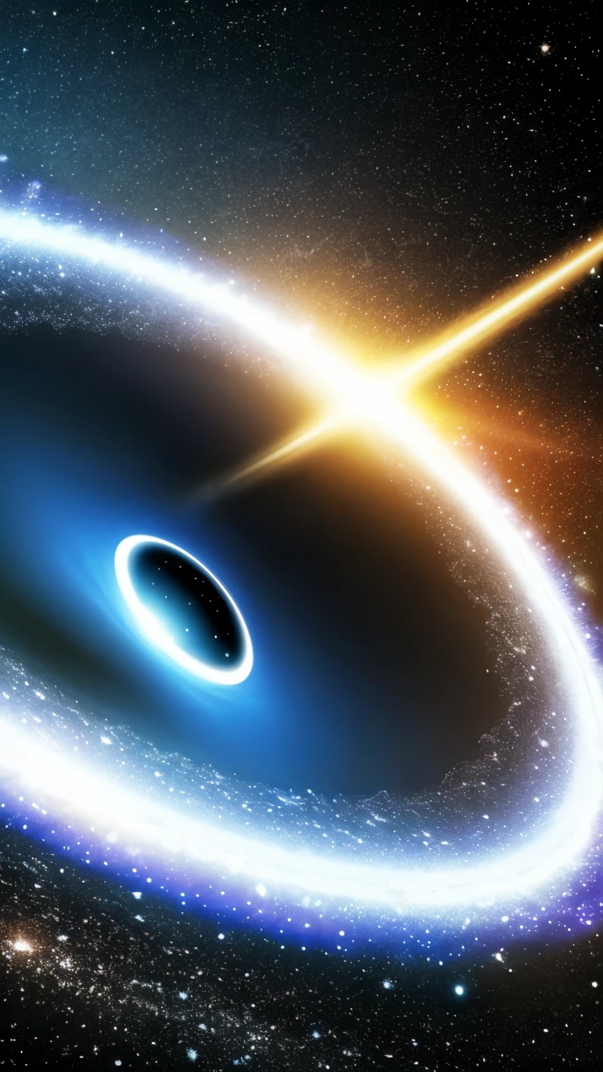 a black hole in the sky with a star in the background, a picture by Dan Luvisi, shutterstock, light and space, entering a quantum wormhole, open portal to another dimension, cosmic energy wires, ripping the fabric of spacetime, portal to another universe, portal in space, wormholes, time vortex in the background, luminous black hole portal