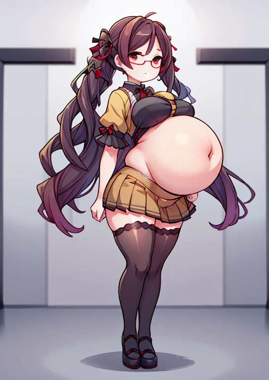 (masterpiece, best quality, highly detailed), 1girls, big belly, blurry background, huge belly, art by kipteitei, round belly, chubby, curvy, simple_background, gradient_background, belly grab, enormous belly, fat belly, thicc, bigger belly, really big belly, jiggly belly, shirt covering belly, belly cover by shirt, glasses, ((lolita)), casual clothes, skirt, thighhighs, ((full body)), long hair