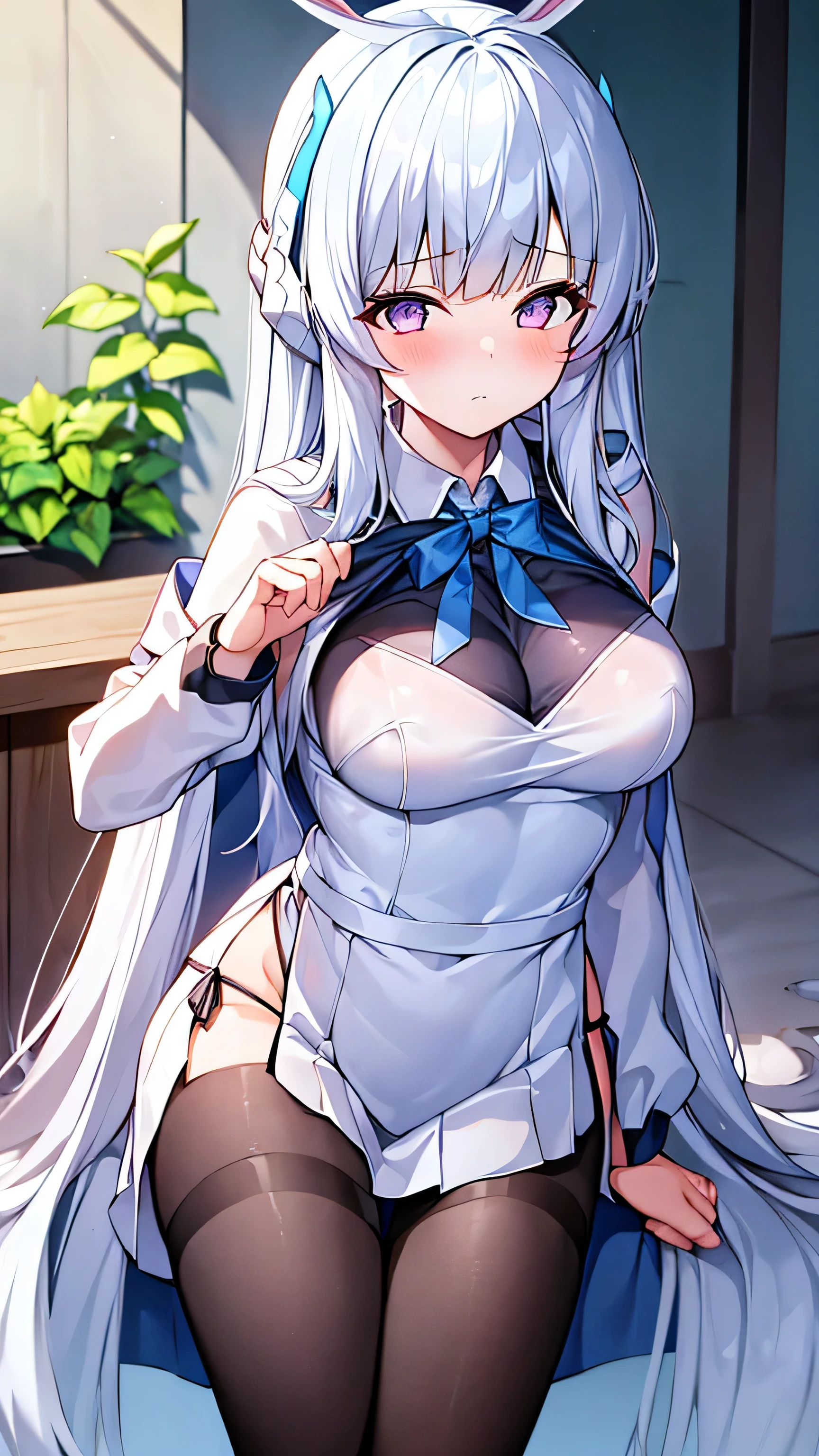 1girl, own of, breast, 乳ox_Print, 长of_hair, horn, animal_Print, 大of_breast, animal_ear, Tail, 乳ox_Tail, white of_background, bell, watching_exist_audience, Simple of_background, apron, 乳ox_ear, sitting, 乳ox_horn, maid, underwear, 长of_sleeve, bikini, maid_headskirt, skirt, swimsuit, blue of_Eye, ribbon, Very_长of_hair, closure_Mouth, maid_apron, 乳ox_girl, underwear, Bangs, white of_hair, decorate, Breast oxbell, hair_between_Eye, purple of_Eye, fluffy_sleeve, black of_ribbon, skindentexistion, hair_ribbon, waist_apron, Juliet_sleeve, 好of, thigh, white of_apron, blush, split, ruffle of_apron, bikini_pull, Year_of_this_ox, _pull, 