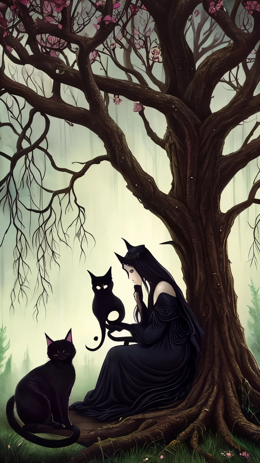 a painting of a woman sitting on a tree with a cat, in style of dark fantasy art, fantasy dark art, dark fantasy art, dark fantasy style art, eerie art style, witchy, beautiful depiction, witch fairytale, dark fantasy illustration, by Yang J, beautiful with eerie vibes, hecate goddess, hecate, hauntingly beautiful art, dark witch