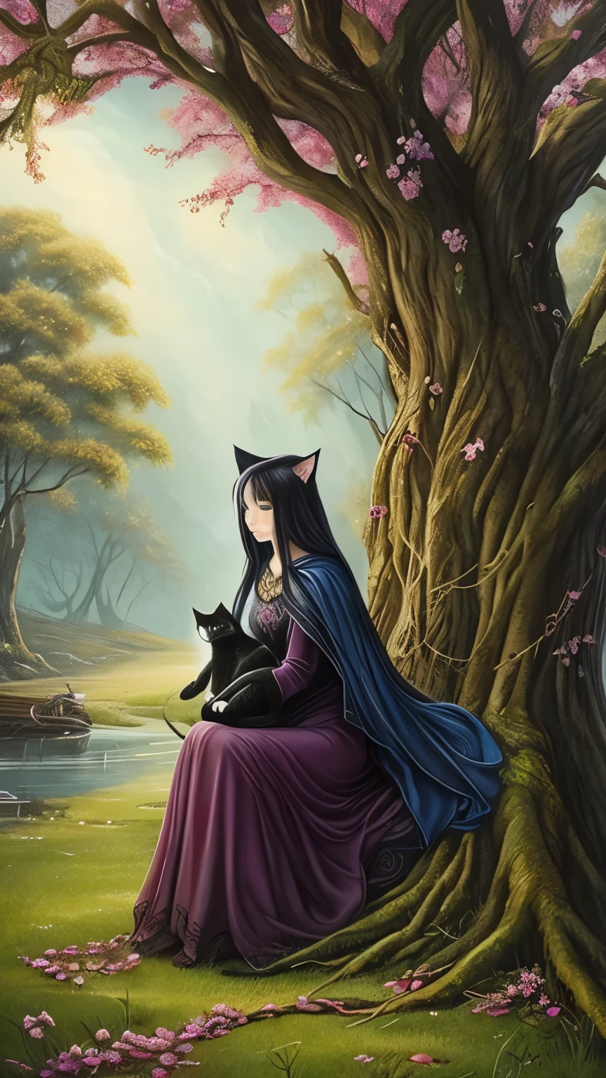 a painting of a woman sitting on a tree with a cat, a pastel by Yang J, tumblr, fantasy art, in style of dark fantasy art, fantasy dark art, dark fantasy art, dark fantasy style art, eerie art style, witchy, beautiful depiction, witch fairytale, dark fantasy illustration, beautiful with eerie vibes, hecate goddess, hecate