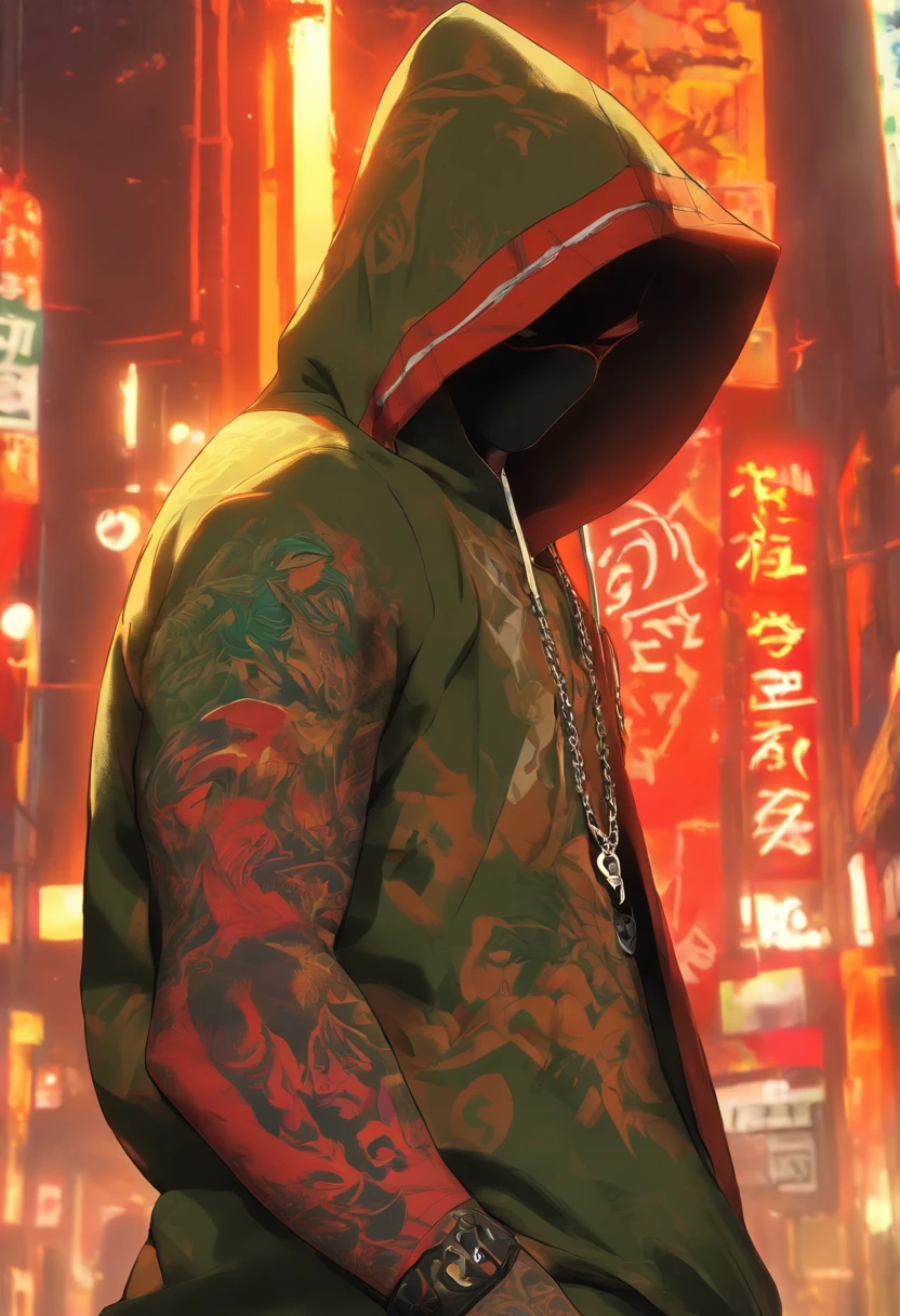 et al'ouest , cheveux roux, , barbichette rouge, veste toute rouge, arms crossed ,tattooed, style hip-hop, style gta 5,chain in the neck , city of saints. Hooded face