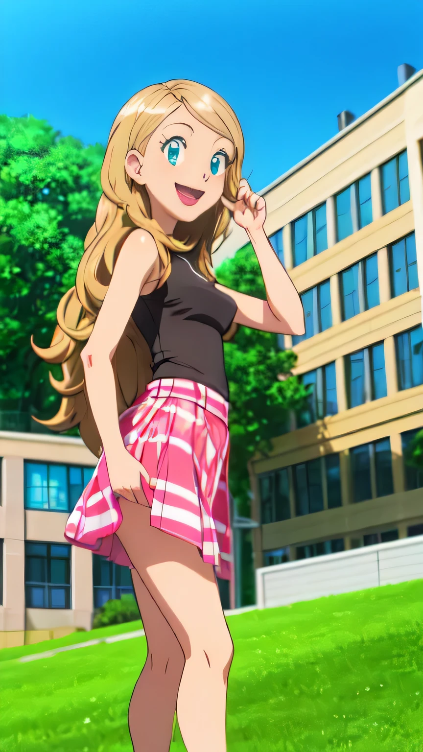 Blonde long hair girl standing on green grass in park with blue sky and buildings in the background.High angle camera.Nice smile on her face.
