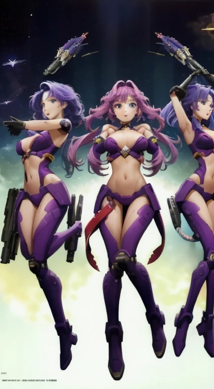 scan, (Highly detailed CG Unity 8K wallpaper:1.1),
High resolution, (Three robot women, identical triplets, clone), Lady Nagant,
Mermaid, (purple hair), (colorful hair), (purple eyes), From the neck down, he's a complete machine, It has rocket engines attached to its flippers, not wearing clothes, Primary wingsFeather-like arms, A chest with its insides exposed, Flying in the stratosphere, full body shot, trio, trio pose, ((matching outfit, hairstyle that suits you, matching face))