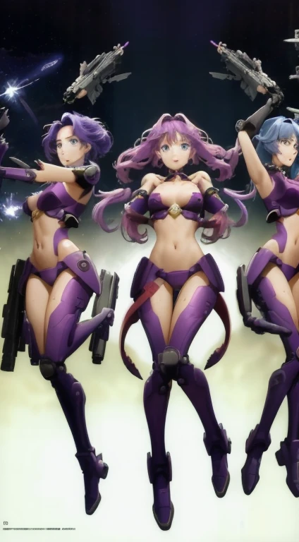 scan, (Highly detailed CG Unity 8K wallpaper:1.1),
 High resolution, (Three robot women, identical triplets, clone), Lady Nagant,
 Mermaid, (purple hair), (colorful hair), (purple eyes), From the neck down, he&#39;s a complete machine, It has rocket engines attached to its flippers, not wearing clothes, Primary wingsFeather-like arms, A chest with its insides exposed, Flying in the stratosphere, full body shot, trio, trio pose, ((matching outfit, hairstyle that suits you, matching face))