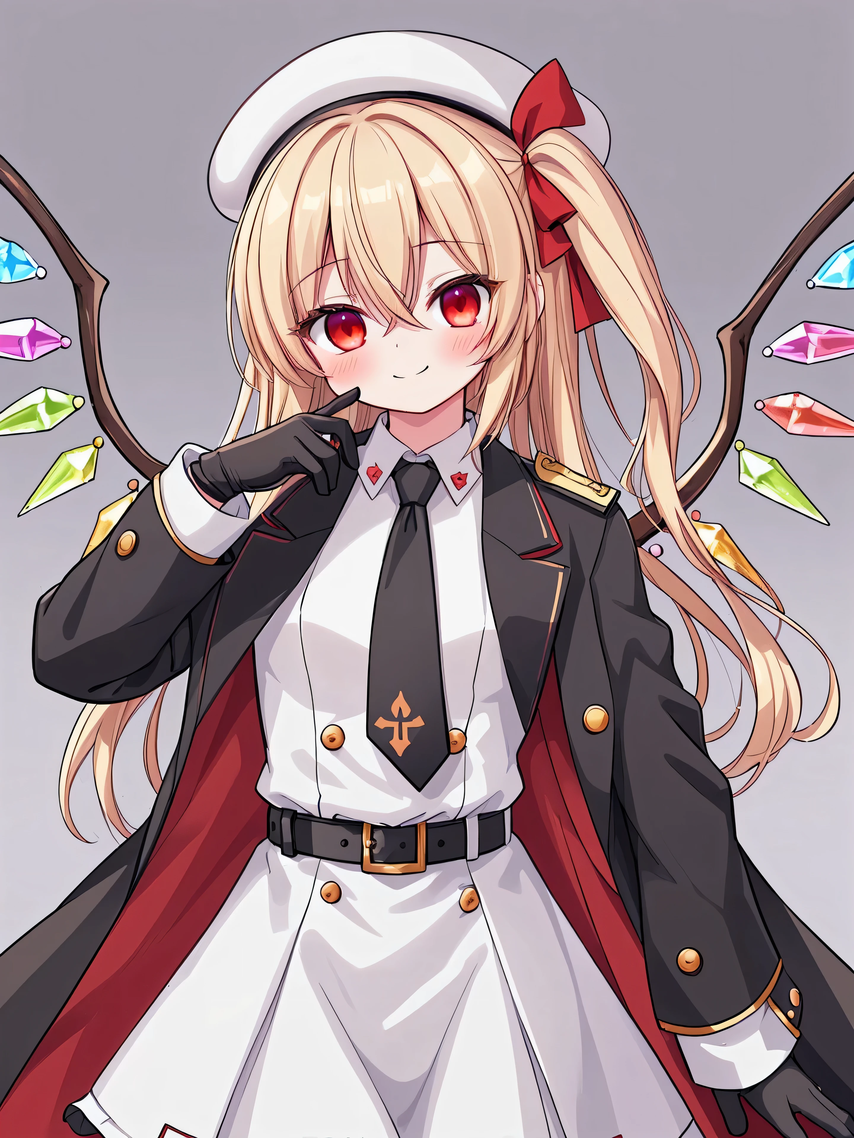 masterpiece, top quality, super detailed, CG illustration, high resolution, better lighting, best shadows, very delicate and beautiful, proper shading, hd, 8k,flandre scarlet, 1girl, solo, looking at viewer, blush, smile, blonde hair, shirt, red eyes, gloves, long sleeves, hat, white background, holding, hair between eyes, closed mouth, white shirt, cowboy shot, wings, necktie, alternate costume, black gloves, belt, uniform,coat, military, black headwear, military uniform, buttons, black necktie, epaulettes, black coat, crystal