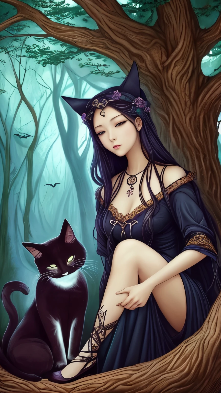 a painting of a woman sitting on a tree with a cat, a pastel by Yang J, tumblr, fantasy art, in style of dark fantasy art, fantasy dark art, dark fantasy art, dark fantasy style art, eerie art style, witchy, beautiful depiction, witch fairytale, dark fantasy illustration, beautiful with eerie vibes, hecate goddess, hecate