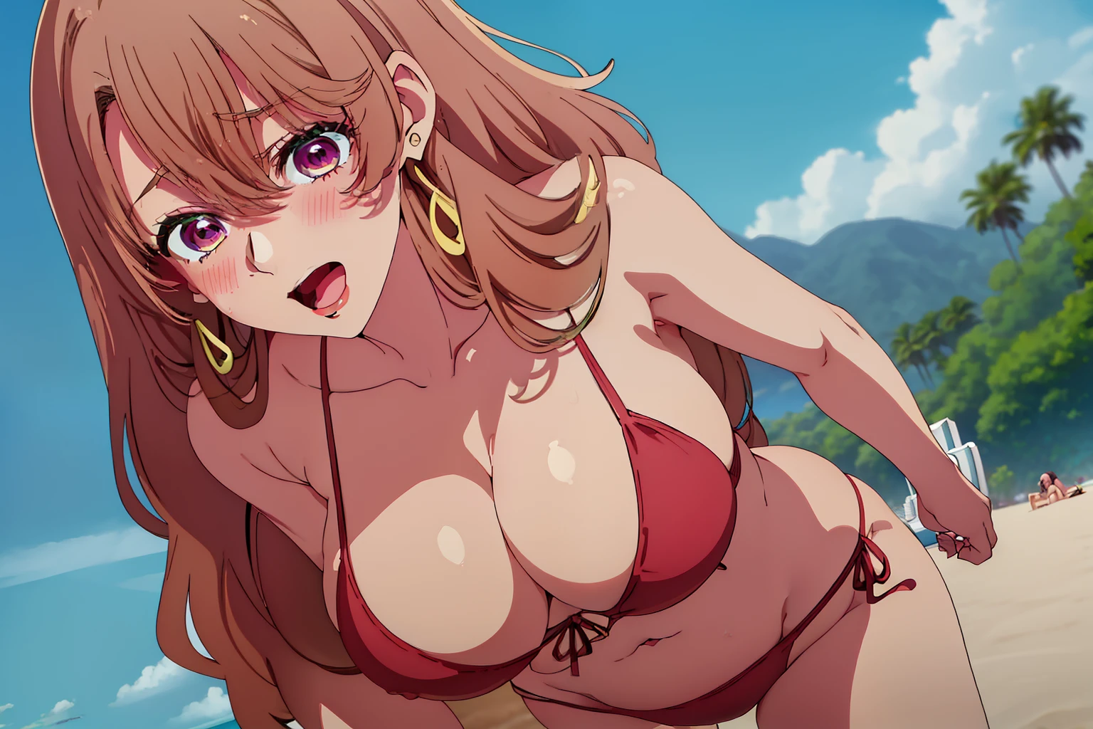 nsfw,1girl,(saitou_miyako_oshinoko,brown_hair, bangs, long_hair, earrings, jewelry, hair_between_eyes, open mouth, purple_eyes),best image quality, highest quality, perfect anatomy, High resolution, Super detailed, 8k wallpaper, textured, detailed, Individuality,(bikini:1.3),(blush),(gigantic breasts:1.2),mature female,(beach:1.5),cowboy shot,leaning forward,happy smile