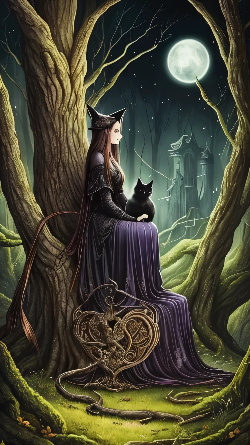 a painting of a woman sitting on a tree with a cat, in style of dark fantasy art, fantasy dark art, dark fantasy art, dark fantasy style art, eerie art style, witchy, beautiful depiction, witch fairytale, dark fantasy illustration, by Yang J, beautiful with eerie vibes, hecate goddess, hecate, hauntingly beautiful art, dark witch