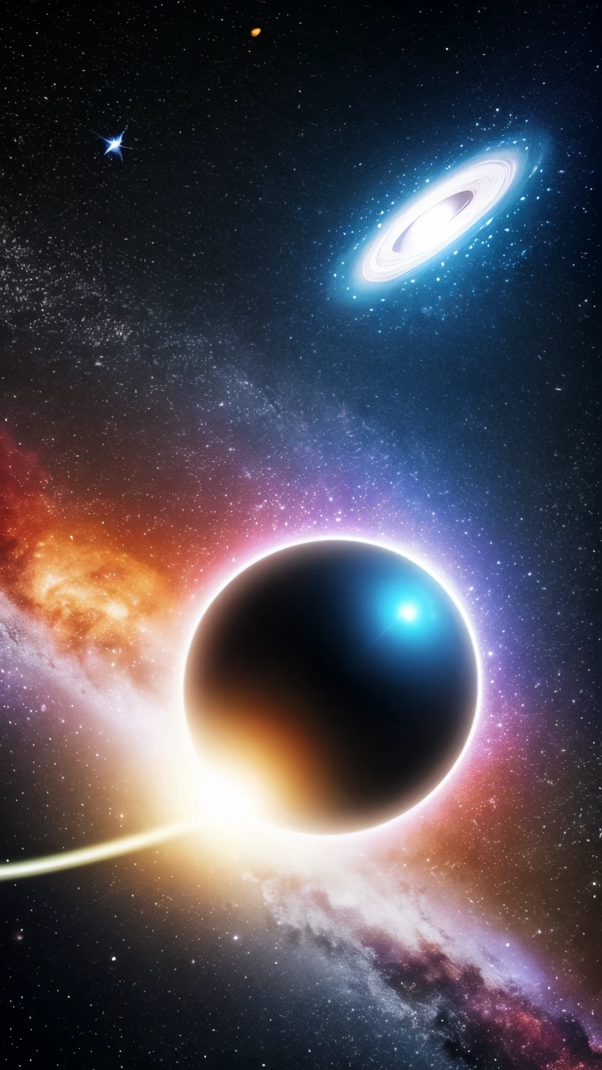 a black hole in the sky with a star in the background, a picture by Dan Luvisi, shutterstock, light and space, entering a quantum wormhole, open portal to another dimension, cosmic energy wires, ripping the fabric of spacetime, portal to another universe, portal in space, wormholes, time vortex in the background, luminous black hole portal