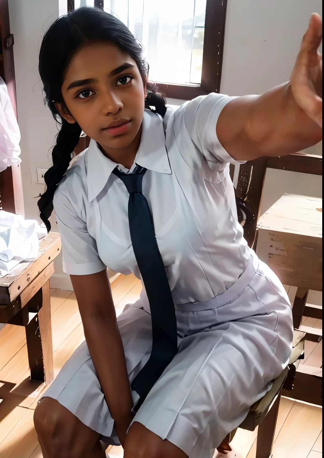 Raw photo , (1 girl selfie ) ,Wearing white frock and color tie, white shoes ,sri lanka teen school girl, from bakc view ,  with plait , professional photographer, (hdr:1.4), masterpiece, ultra-realistic 8k, perfect artwork, intrincate details, cute face, award winning photograph, (Best quality, 8k, 32k, Masterpiece, UHD:1.3) ,