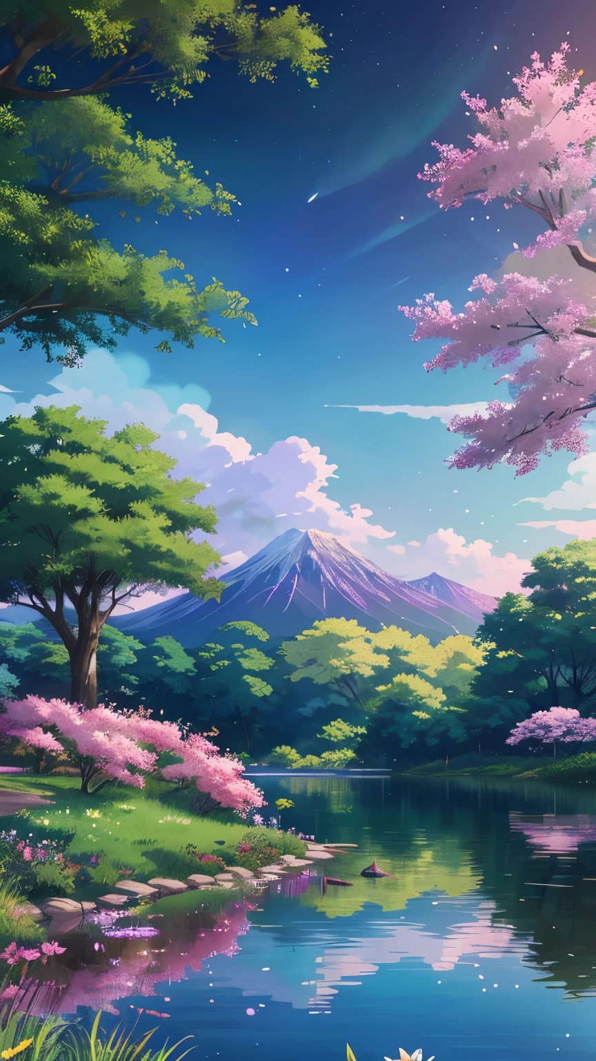 anime scenery of a lake with flowers and trees in the background, beautiful anime scene, ross tran. scenic background, anime beautiful peace scene, beautiful anime scenery, 🌺 cgsociety, anime nature wallpap, cosmic skies. by makoto shinkai, anime scenery, makoto shinkai. high detail, anime. by makoto shinkai, beautiful dreamy breathtaking