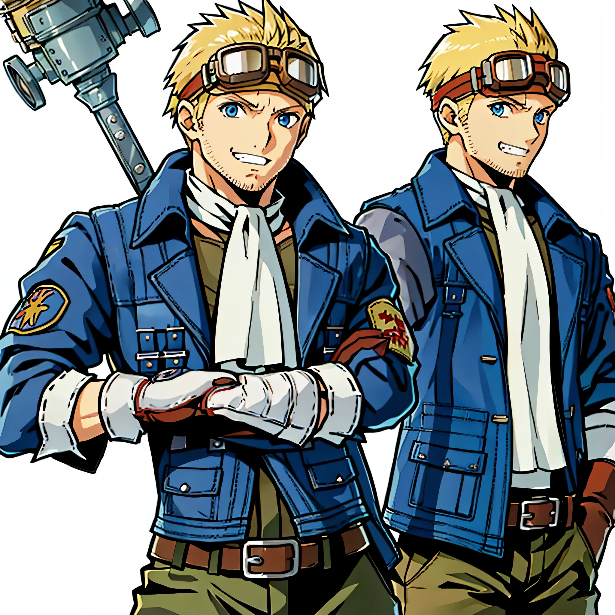 (masterpiece, best quality:1.2,simple background,white background,2d,anime style),1boy,solo,cid \(final fantasy7\),beard,belt,blonde hair,blue eyes,blue jacket,cravat,white shirt,gloves,goggles on head,sleeves rolled up,smile,looking at viewer,Make it into an anime picture with natural colors、Closer to the anime picture