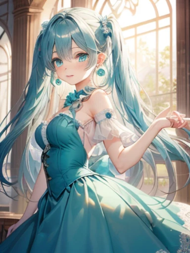 The arrival of spring、big butt、 (alone:1.5,)Super detailed,bright colors, very beautiful detailed anime face and eyes, look straight, ;d, shiny_skin,girl, ((White long hair,Inner color is red 、forehead is exposed.、green eyes、、shiny hair, delicate beautiful face, blush、(turquoise eyes), White skin, Valletta, earrings,、blue flower field、Lolita Bous、Lace long skirt、twin tails