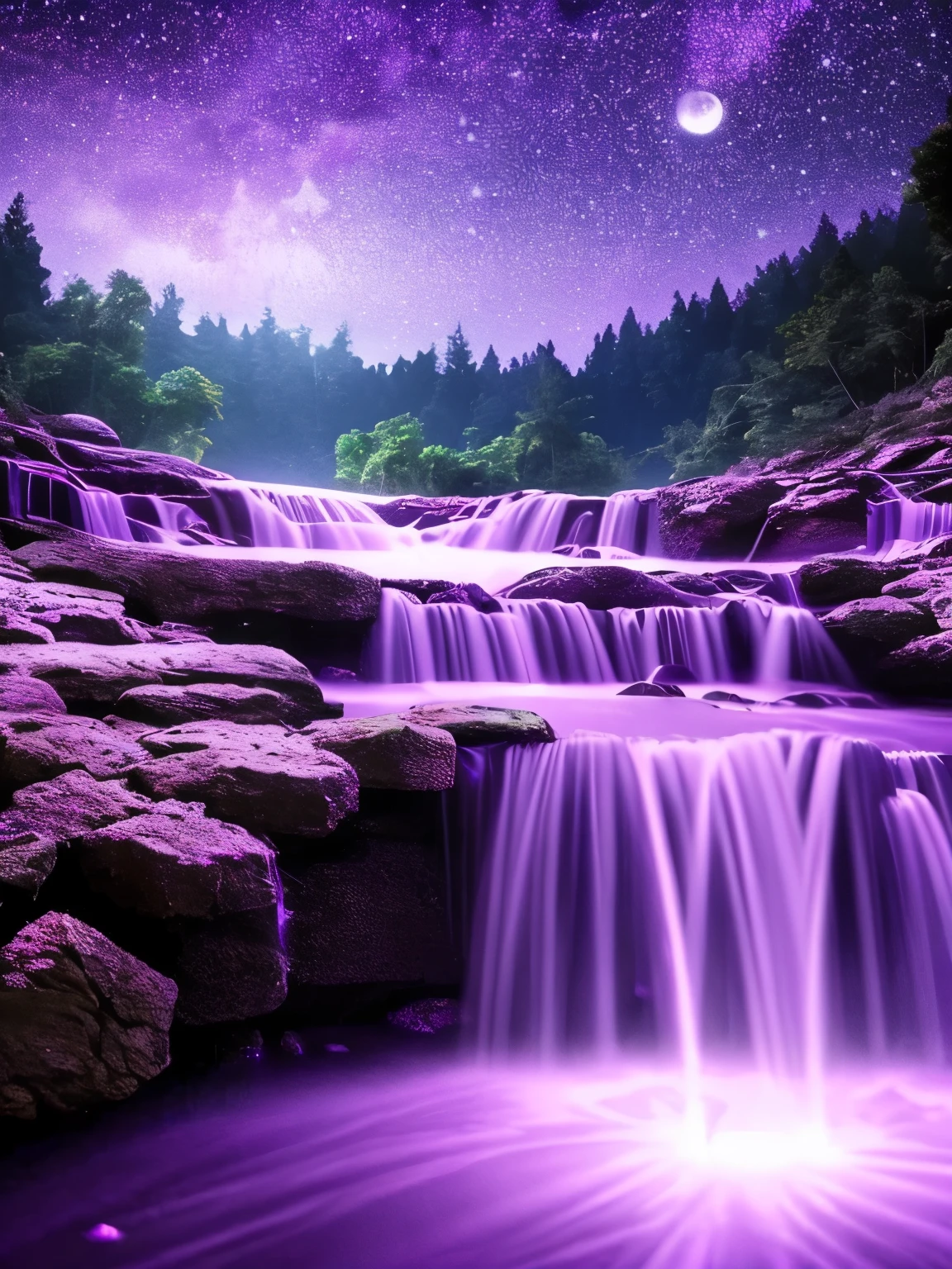 a purple moon over a stream of water with stars, glowing purple, purple glow, purple water, nebula waterfalls, purple magic, galactic waterfalls, cosmic purple space!, purple colors, soft purple glow, purple bioluminescence, purple aura, the walls purple and pulsing, purple light, purple sparkles, moody purple glow light, purple color, glowing water, purple lights