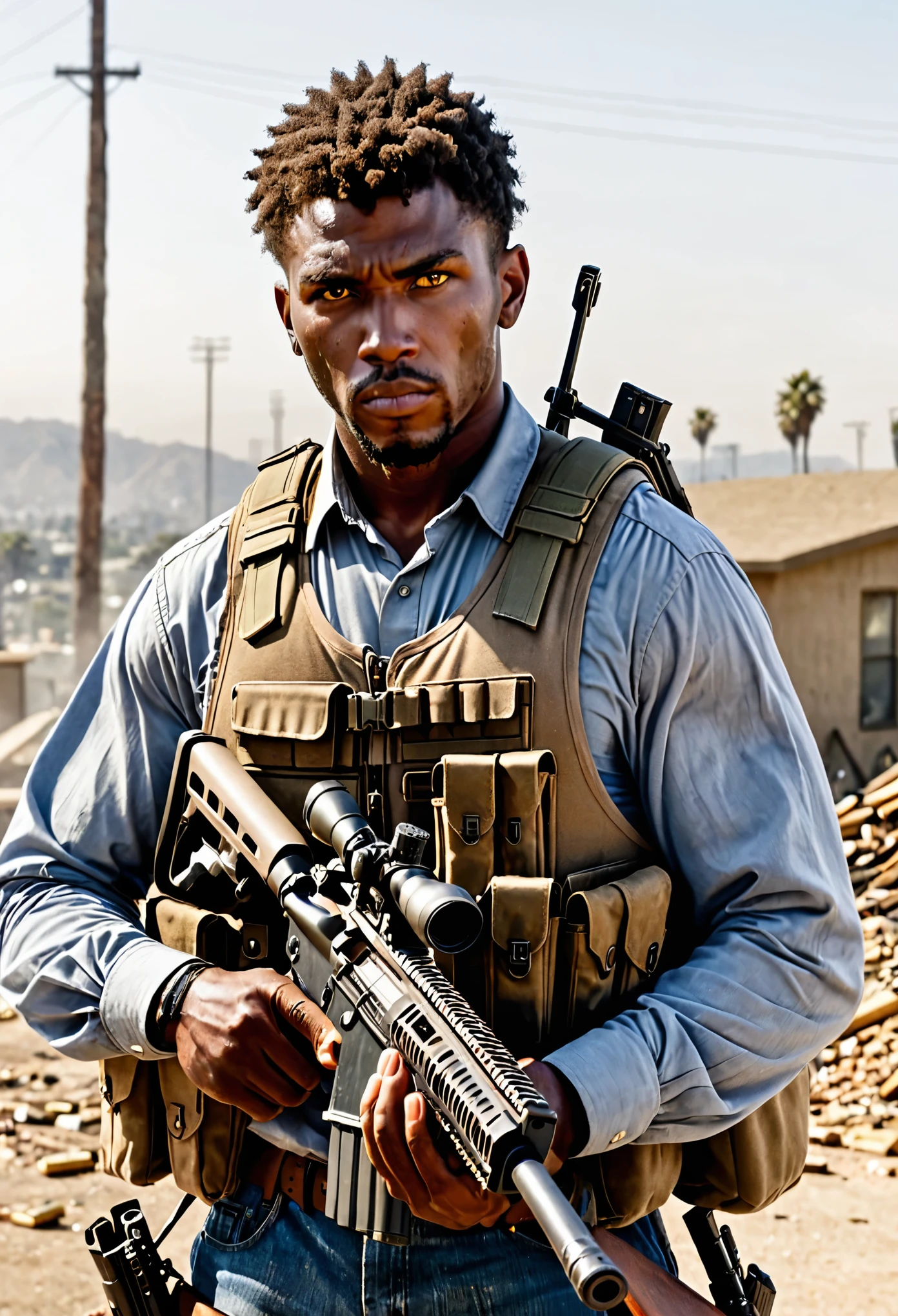 mercenary, male focus, holding an sniper rifle, african american, brown hair, hazel eyes, load-bearing vest, ammunition belt, danger atmosphere, los angeles, war zone